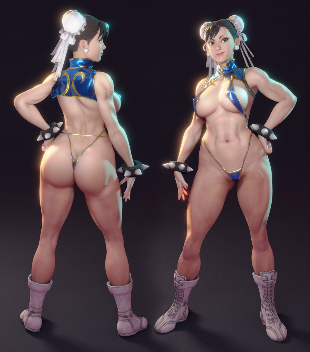 3d, abs, ass, ass cleavage, ass crack, black hair, boots, breasts, brown eyes, bubble ass, bubble butt, butt crack, capcom, chun-li, crisisbeat, female, female only, fit, fit female, front and back, large breasts, spiked collar, street fighter, street fighter v, thong, voluptuous