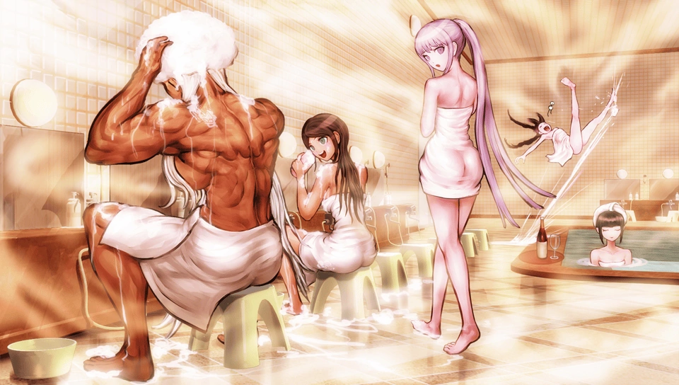 5girls asahina_aoi ass bathing celestia_ludenberg covering_ass covering_breasts danganronpa danganronpa:_trigger_happy_havoc danganronpa_1 female female_only fukawa_touko kirigiri_kyouko large_ass multiple_girls official_art oogami_sakura straight_hair towel towel_only