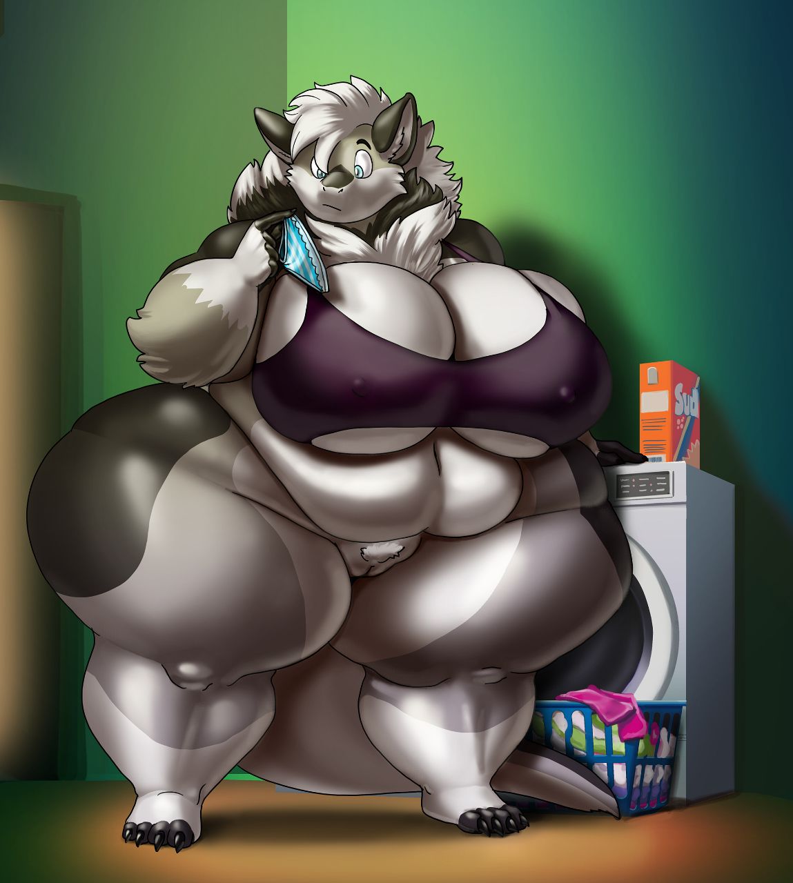 anthro appliance big_breasts biped blue_eyes bottomless breasts cleavage clothed clothing curvy_figure dragon female fur furred_dragon genitals grey_body grey_fur hair hi_res holding_clothing holding_object huge_breasts maxine_mackenzie neck_fur nipple_outline obese obese_anthro obese_female overweight overweight_anthro overweight_female panties pubes pussy solo standing thick_thighs underwear vdisco voluptuous washing_machine white_body white_fur white_hair wide_hips