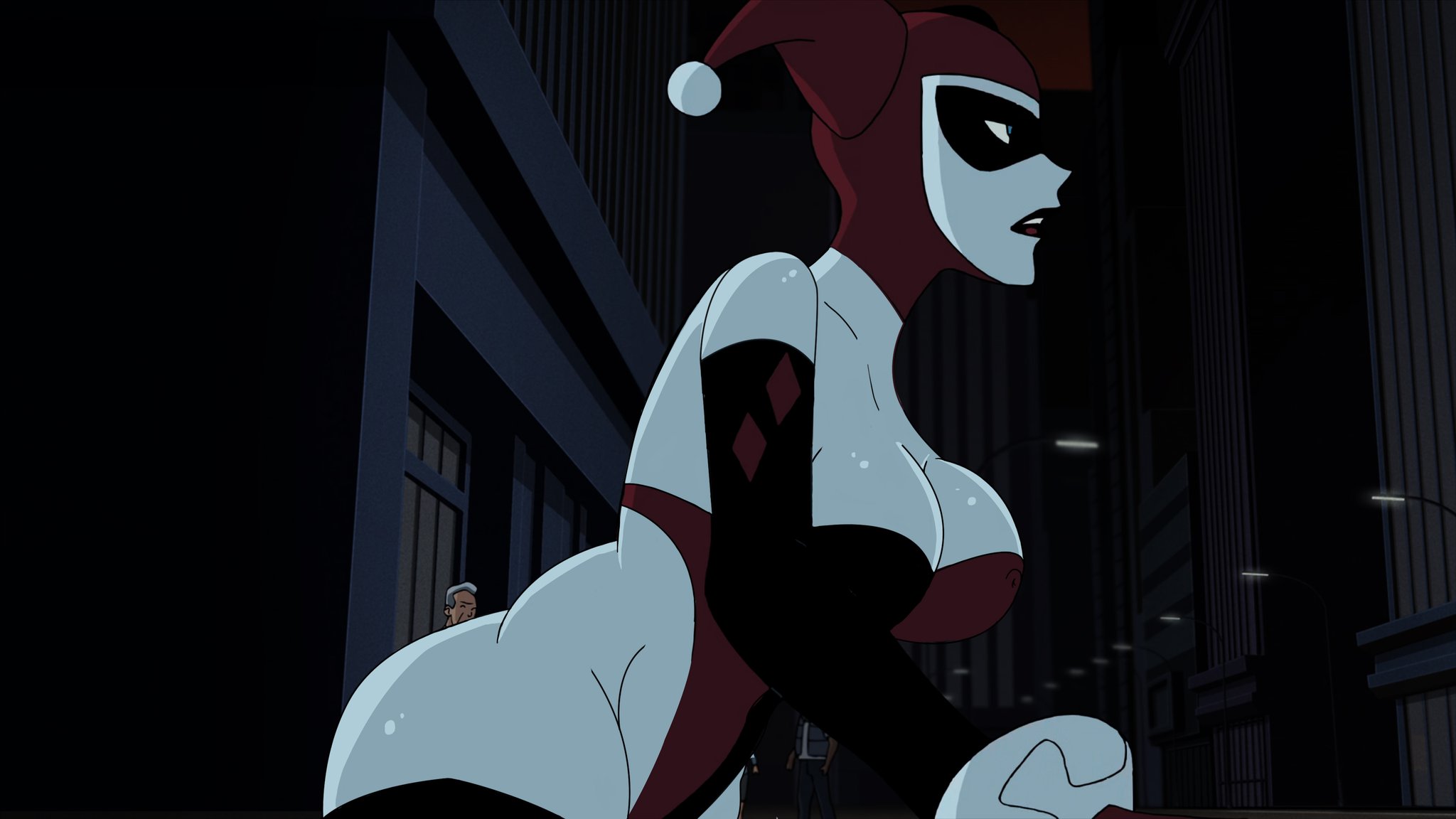 1girls, accurate art style, batman (series), batman: the animated series, big breasts, bra, breasts, clothing, dc, dc comics, female, female only, harley quinn, harley quinn (classic), razafrazz, screenshot edit, solo, solo female, tagme, white skin