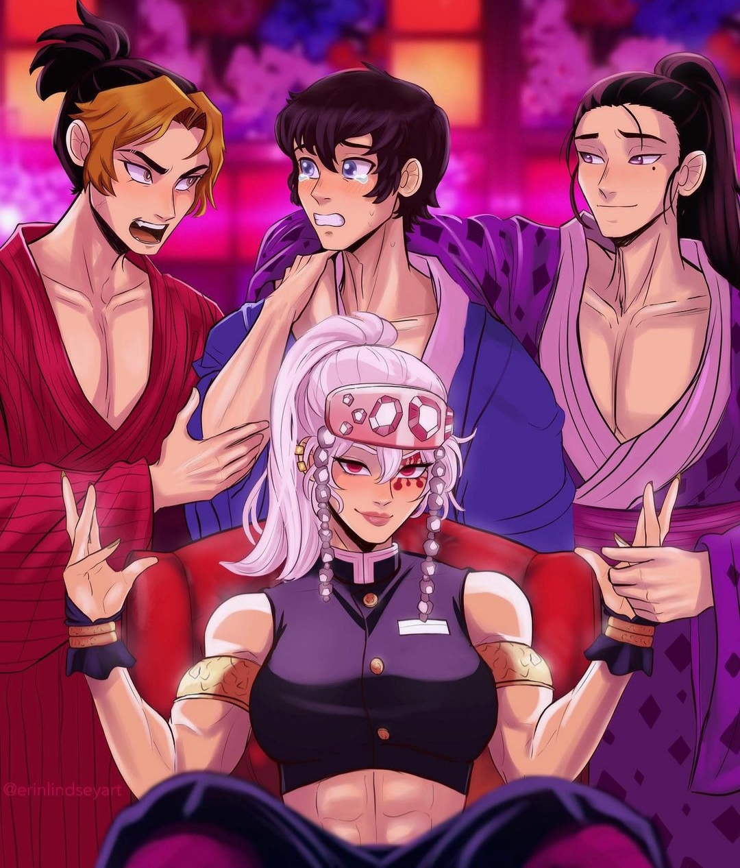 1girls, 3boys, abs, armbands, armlet, black hair, blush, bracelets, canon couple, canon polyamory, demon slayer, erinlindseyart, facial mark, female, fully clothed, genderswap, genderswap (ftm), genderswap (mtf), harem, headband, headgear, headwear, hinatsuru (kimetsu no yaiba), jewelry, kimetsu no yaiba, kimono, long hair, long-haired male, looking at viewer, lots of jewelry, makio (kimetsu no yaiba), male, married couple, mole under eye, muscular, muscular female, muscular male, ponytail, red eyes, reverse harem, rule 63, smile, suma (kimetsu no yaiba), tears, the wives (kimetsu no yaiba), two-tone hair, uzui tengen, white hair