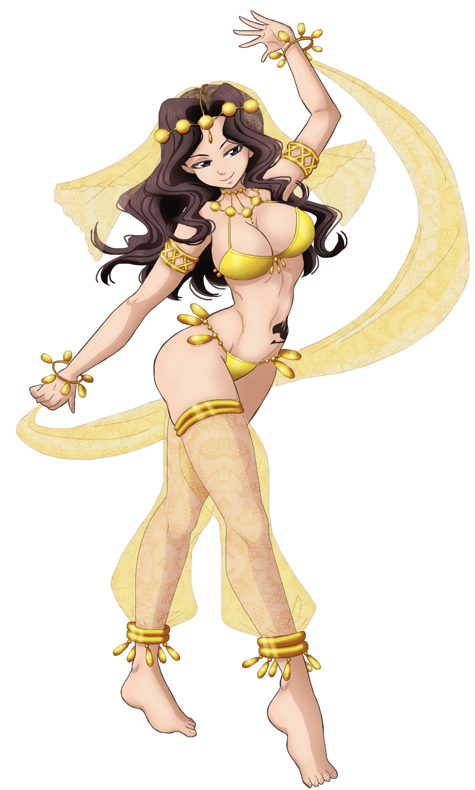 1girls, 2025, 2d, 2d (artwork), 2d artwork, armlet, ass, barefoot, belly dancer, belly dancer outfit, big ass, big breasts, black eyes, bracelet, breasts, brown hair, brown-haired female, cana alberona, dancer, dancer outfit, fairy tail, female, female focus, female only, gold (metal), gold bracelet, gold jewelry, golden bikini, harem girl, harem outfit, harem pants, jisatsu draw, large breasts, light skin, light-skinned female, long hair, lots of jewelry, mostly nude, mostly nude female, nude, nude female, see-through, see-through clothing, see-through pants, solo, solo female, solo focus, tattoo, thick thighs, thighs, voluptuous