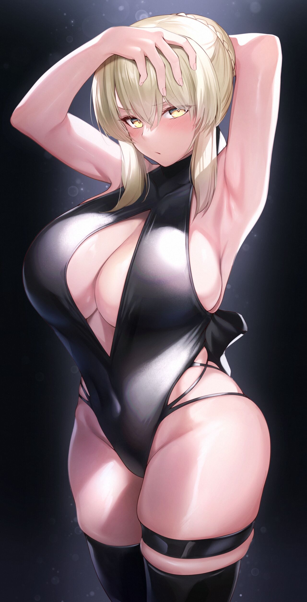 1girls alternate_breast_size alternate_costume armpits arms_behind_head arms_up artoria_pendragon artoria_pendragon_(alter) big_breasts black_background black_swimsuit blush breasts cleavage cropped_legs fate/grand_order fate/stay_night fate_(series) female female_focus high_resolution highres hirasawa_seiji large_breasts platinum_blonde_hair saber_alter solo_female spotlight swimsuit thick_thighs yellow_eyes