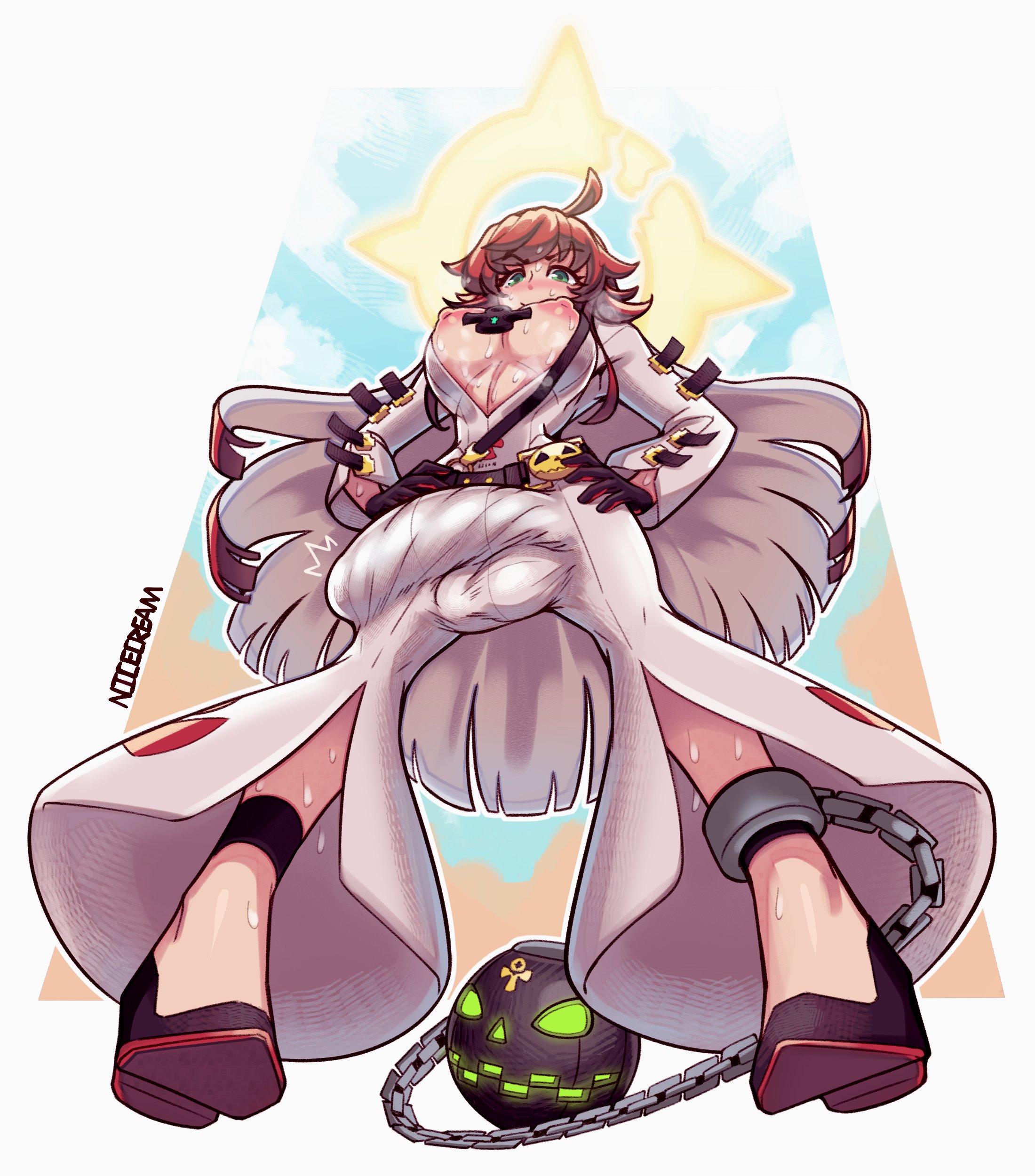 1futa, ahoge, balls, big balls, big breasts, breasts, breasts out, bulge, chain, clothed, clothing, erection, erection under clothes, futa only, futanari, gloves, guilty gear, halo, hands on hips, huge cock, human, intersex, jack-o' valentine, light skin, light-skinned futa, looking at viewer, looking down, low-angle view, mostly clothed, nicecream, penis, pumpkin, red hair, smug, smug face, solo, standing, steam, submissive pov, sweat