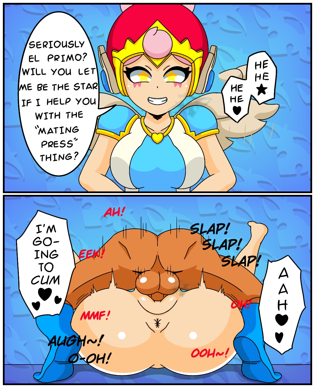 1boy, 1girls, anus, barefoot, brawl stars, el primo (brawl stars), feet, female, gabviz, janet (brawl stars), male, mating press, missionary position, moaning, pussy, sex, unseen male face, vaginal penetration