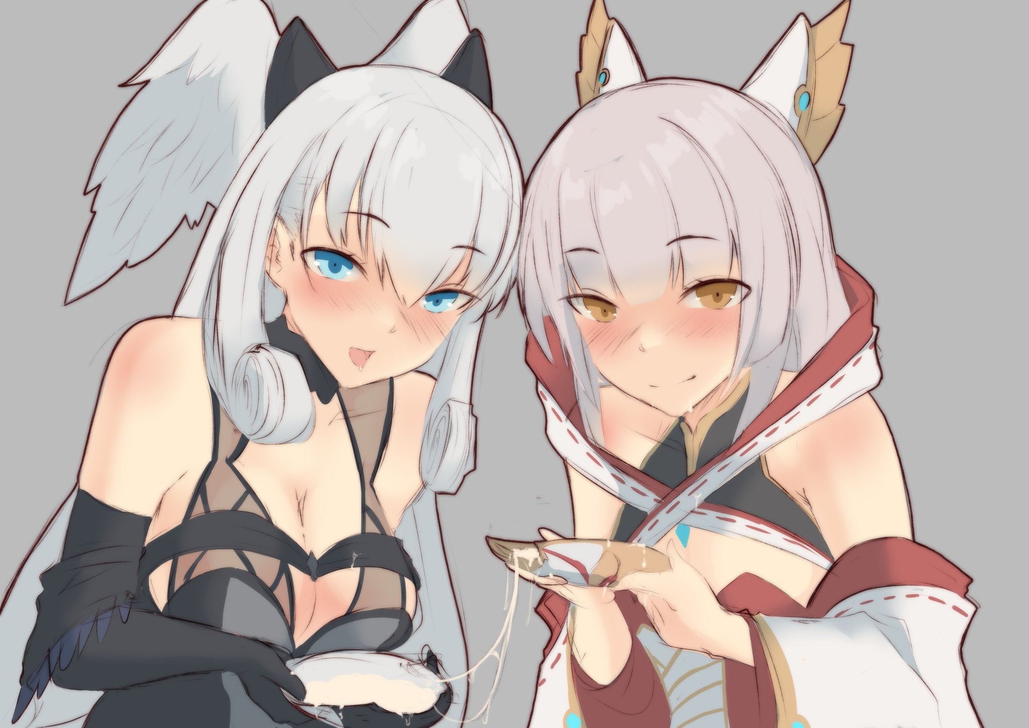 2girls, blade (xenoblade), blue eyes, blush, cat ears, cat girl, catching cum, catgirl, clothed, commission, commissioner upload, cum, cum on face, female, grey hair, headwings, high entia, mask, masks, melia antiqua, melia antiqua (xenoblade 3), multiple females, multiple girls, nia, nintendo, queen nia, ryumi-gin, semen, silver hair, xenoblade (series), xenoblade chronicles 3, yellow eyes