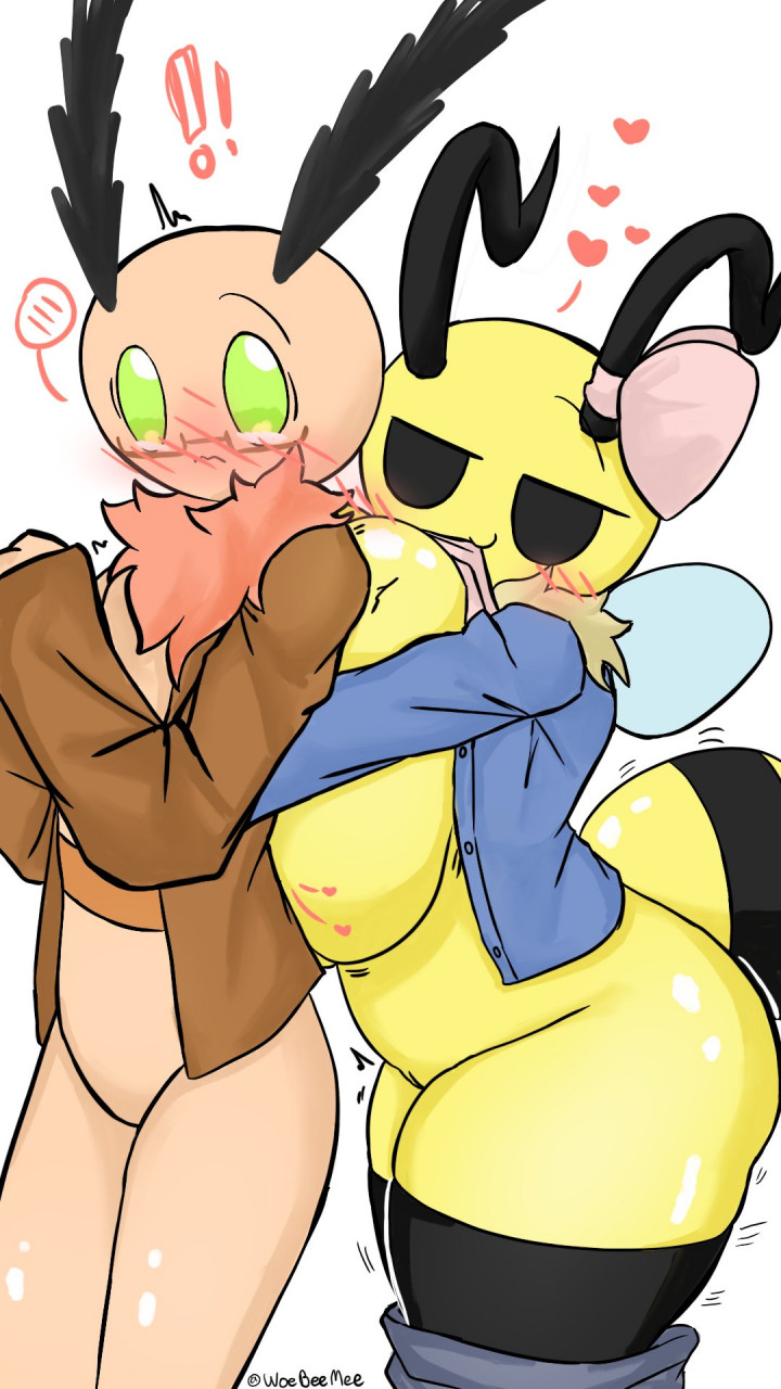 annabee_(woebeeme) antennae_(anatomy) anthro arthropod bee big_breasts blush breast_squish breasts bug_fables clothing duo embrace fan_character female genitals girly hi_res honey_bee hug hymenopteran insects lepidopteran male male/female moonsprout_games moth motthew_(woebeeme) pussy squish undressing wings woebeeme