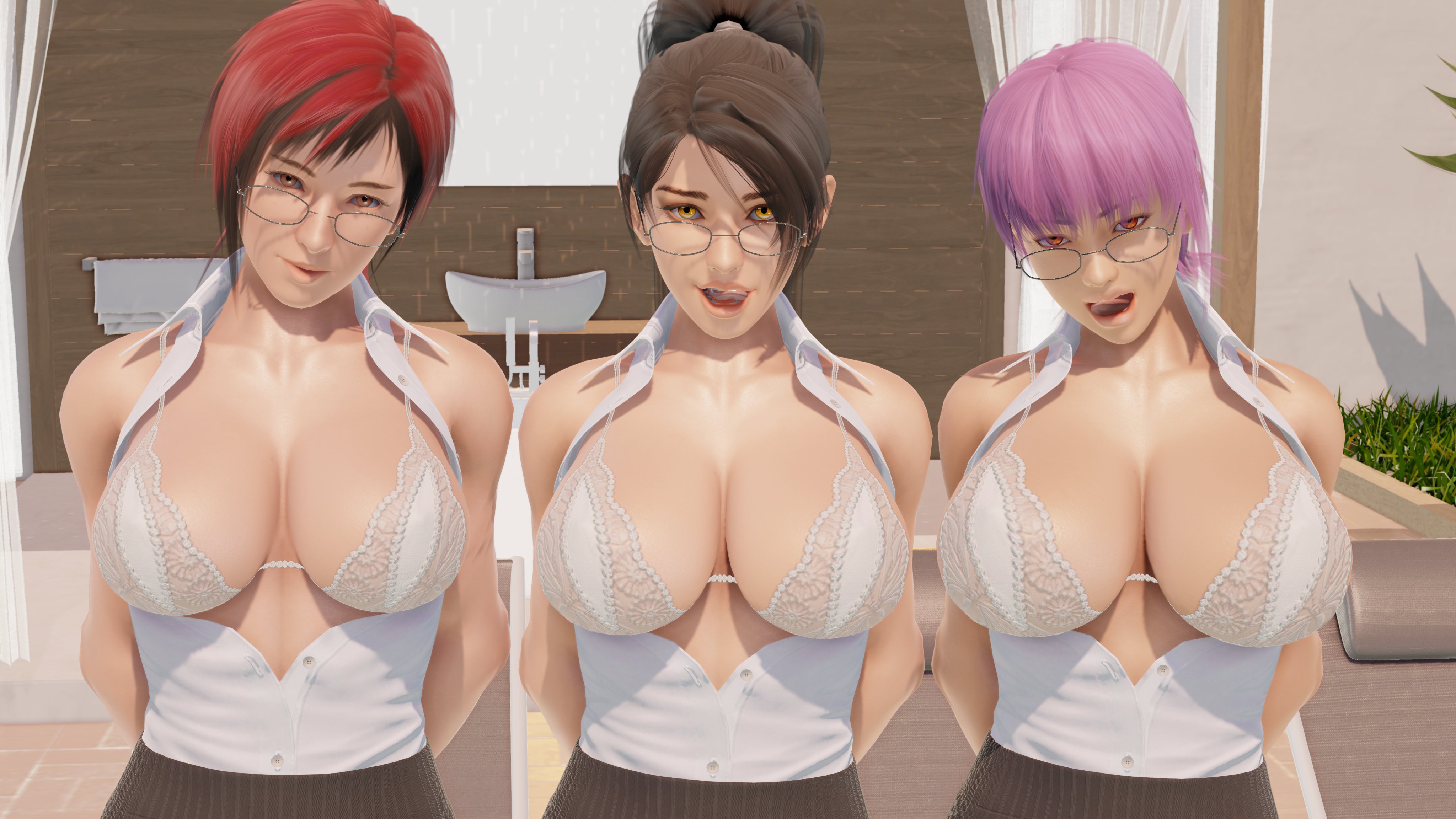 3d, 3girls, ayane (doa), big breasts, bikini, black hair, bra, breasts, brown eyes, cleavage, dead or alive, female, female only, glasses, hourglass figure, huge breasts, human, large breasts, light skin, light-skinned female, lingerie, looking at viewer, mila (doa), momiji (ninja gaiden), naughty face, nude, nude female, office lady, outdoors, pencil skirt, purple hair, red eyes, red hair, redhead, short hair, white lingerie, white shirt, yellow eyes