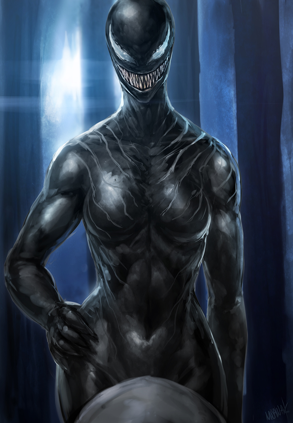 1girls, alien, alien girl, black body, boobs, breasts, curvaceous, curves, curvy, curvy body, curvy female, curvy figure, female, female only, hand on hip, imminent sex, marvel, marvel comics, medium breasts, monster girl, no nipples, non-mammal breasts, sharp teeth, she-venom, smile, smiling, smiling at viewer, solo, solo female, spider-man (series), tits, white eyes