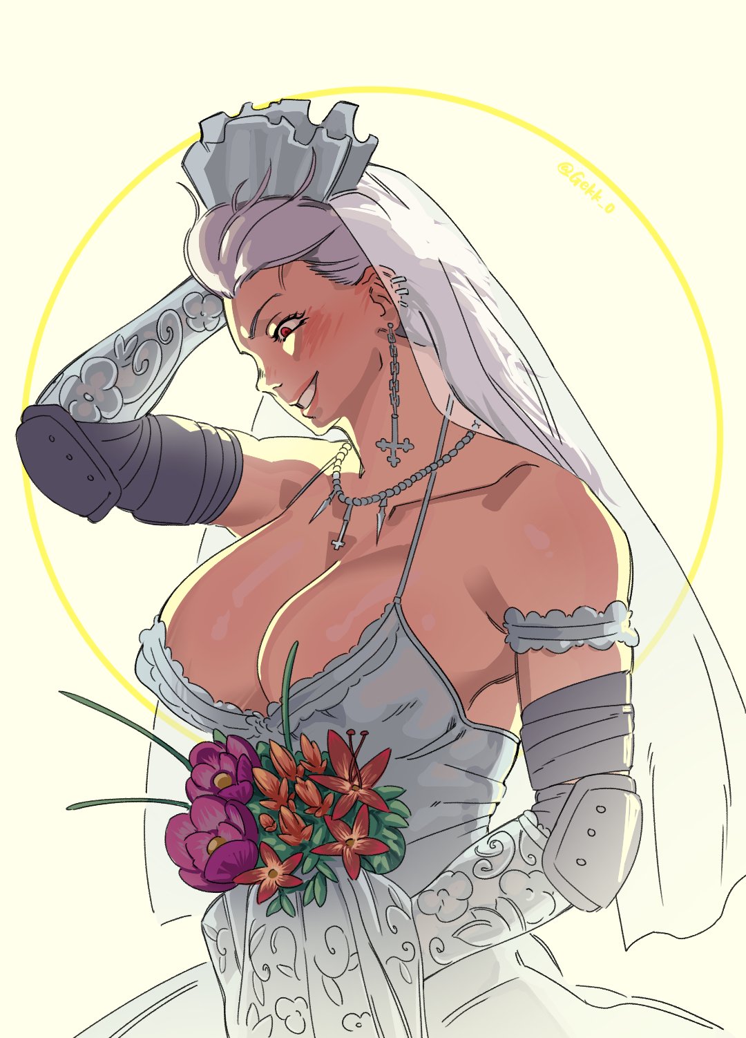 1girls, big breasts, bouquet, breasts, bridal veil, bride, cross earrings, dorohedoro, ear piercing, earrings, female, female only, large breasts, noi (dorohedoro), solo, solo female