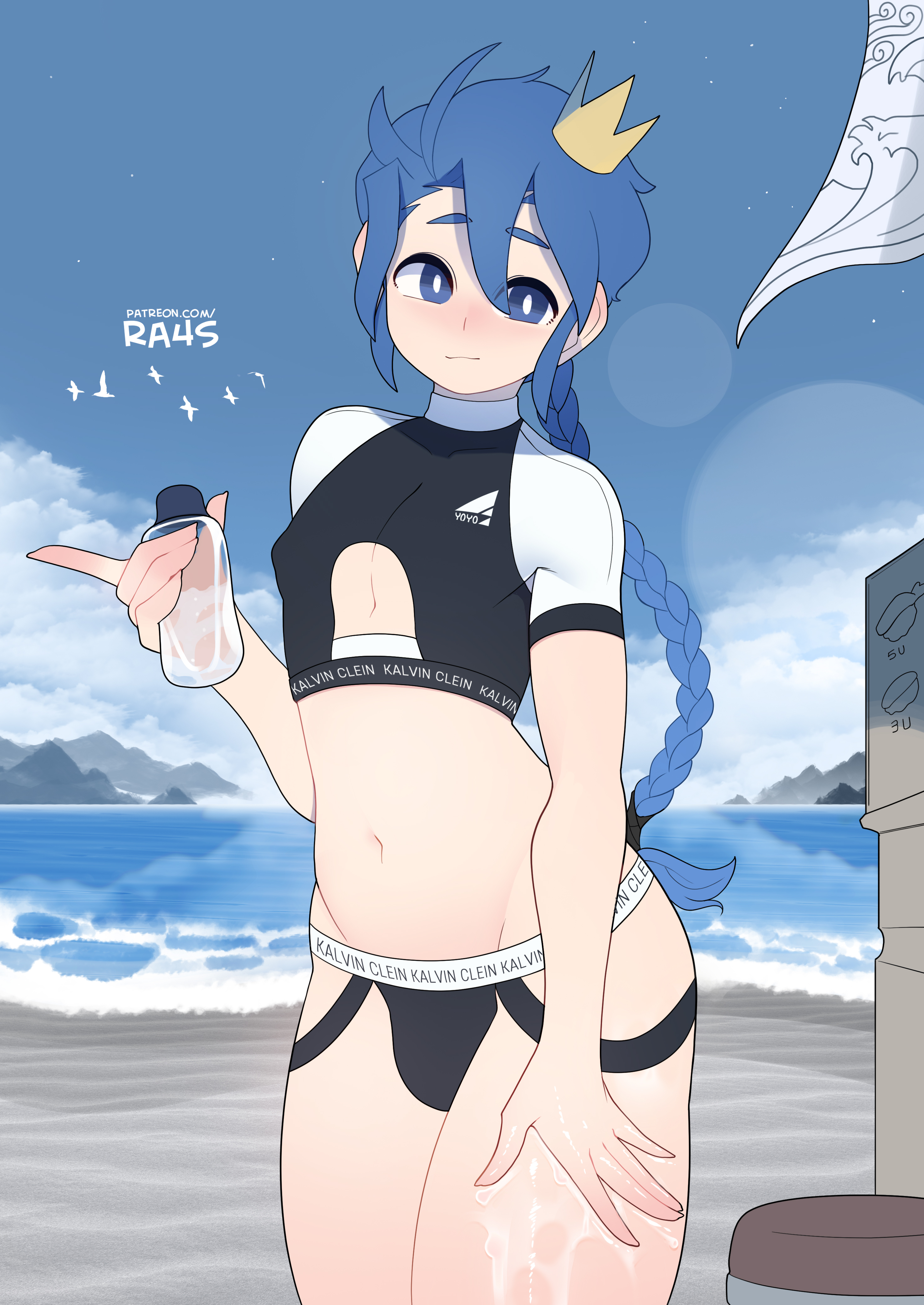 1boy, 2022, artist name, blue eyes, blue hair, blush, boob window, braid, breasts, bulge, cowboy shot, crown, femboy, hi res, limited palette, looking at viewer, lotion, male, male only, nipple bulge, original, outdoors, patreon username, ra4s, solo male, swimsuit, thighs, twink, two piece swimsuit, water, yoyo (yoyoarts)