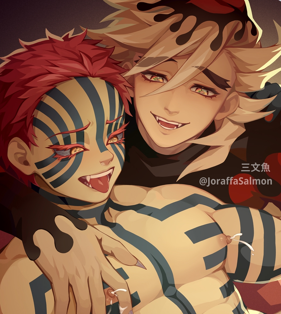 2boys akaza_(kimetsu_no_yaiba) alternate_version_available blonde_hair blue_sclera body_markings close-up clothed_male_nude_male demon_boy demon_slayer douma facial_markings fangs gay hand_on_chest joraffasalmon kimetsu_no_yaiba lactating male male_lactation male_only muscular muscular_male no_visible_genitalia open_mouth pecs pink_hair red_hair sharp_fingernails smile spiky_hair thick_eyebrows tongue_out topless topless_male yaoi yellow_eyes