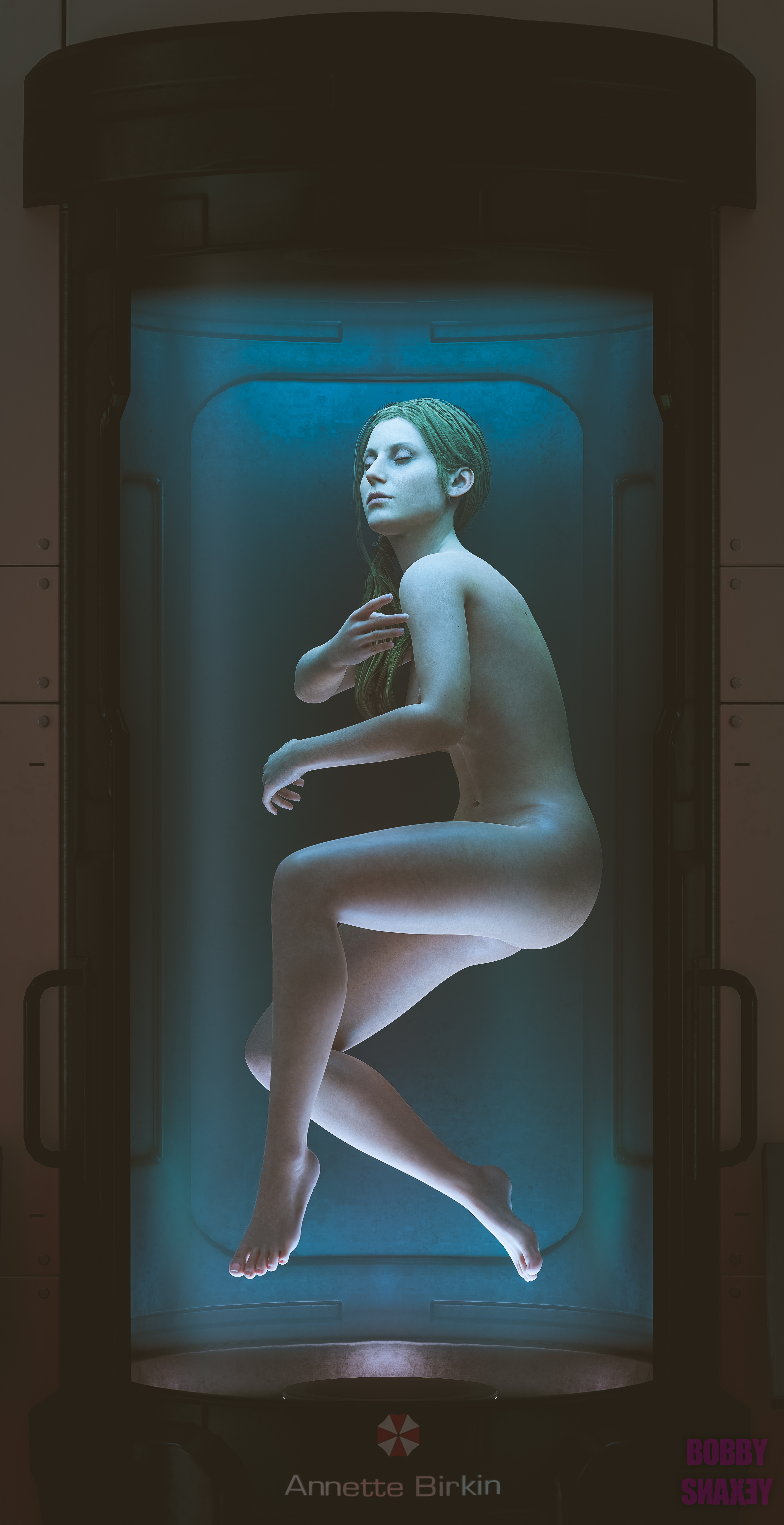 1girls, 3d, 3d (artwork), annette birkin, barefoot, blender, blender (software), blonde hair, bobbysnaxey, closed eyes, feet, female, female only, laboratory, long hair, milf, mother, naked, nude, nude female, pinup, resident evil, resident evil 2, resident evil 2 remake, solo, solo female, stasis tank, test tube, toes