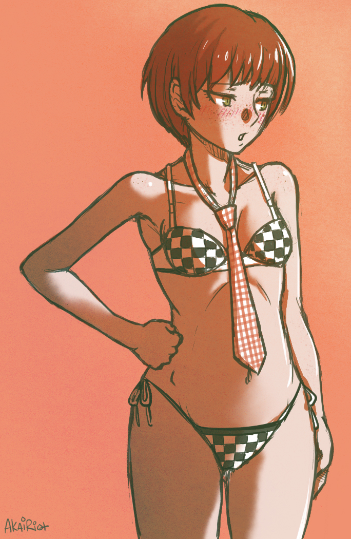 akairiot, blush, breasts, cleavage, clothing, danganronpa, danganronpa 2: goodbye despair, embarrassed, female, koizumi mahiru, solo, straight hair, underwear