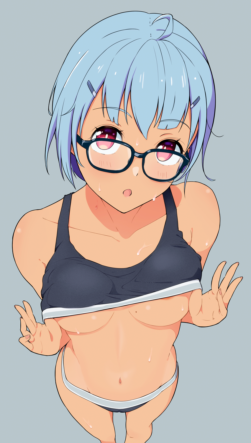 :o ahoge bangs black-framed_eyewear blue_hair blush breasts collarbone dark-skinned_female dark_skin eyebrows_visible_through_hair feet_out_of_frame female from_above glasses grey_background hair_ornament hairclip head_tilt hi_iro highres lifted_by_self looking_at_viewer looking_over_eyewear looking_over_glasses looking_up medium_breasts navel open_mouth original purple_eyes short_hair simple_background solo sports_bra standing stomach sweat underboob