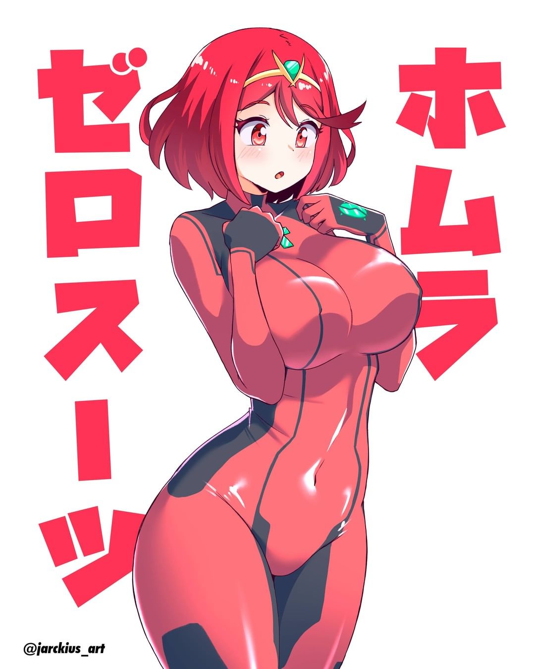 1girls, big breasts, blush, blushing, bodysuit, breasts, female, jarckius, nintendo, pyra, red eyes, red hair, short hair, skin tight, solo, tiara, xenoblade (series), xenoblade chronicles 2, zero suit