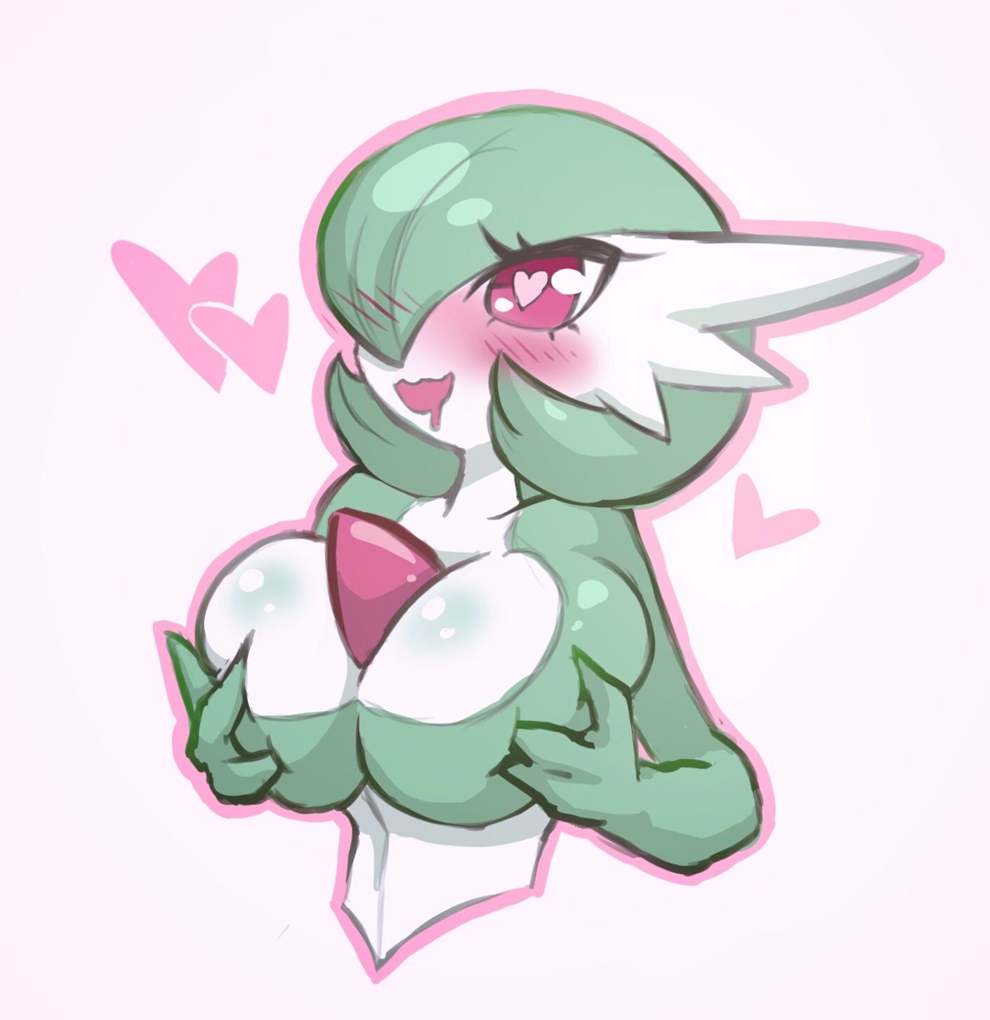 1girls, big breasts, blush, breasts, breasts grab, drooling, female, female only, gardevoir, grabbing own breasts, heart, heart-shaped pupils, heavy blush, hi res, imako-chan, nintendo, open mouth, pink eyes, pleasure face, pokémon (species), pokemon, pokemon (species), solo, solo female, upper body, white background