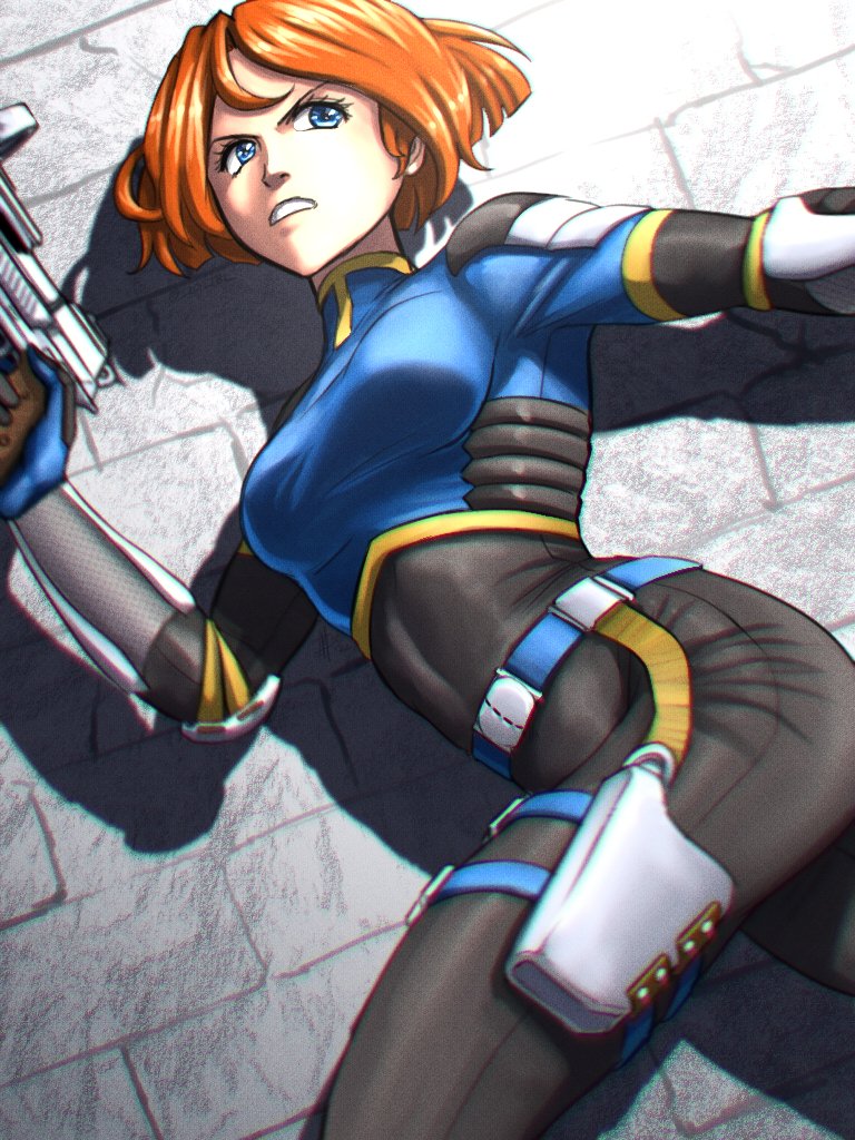 blue_eyes breasts clothing female firearm handgun human joanna_dark medium_breasts orange_hair pale_skin perfect_dark s20_tbl thighs weapon wide_hips