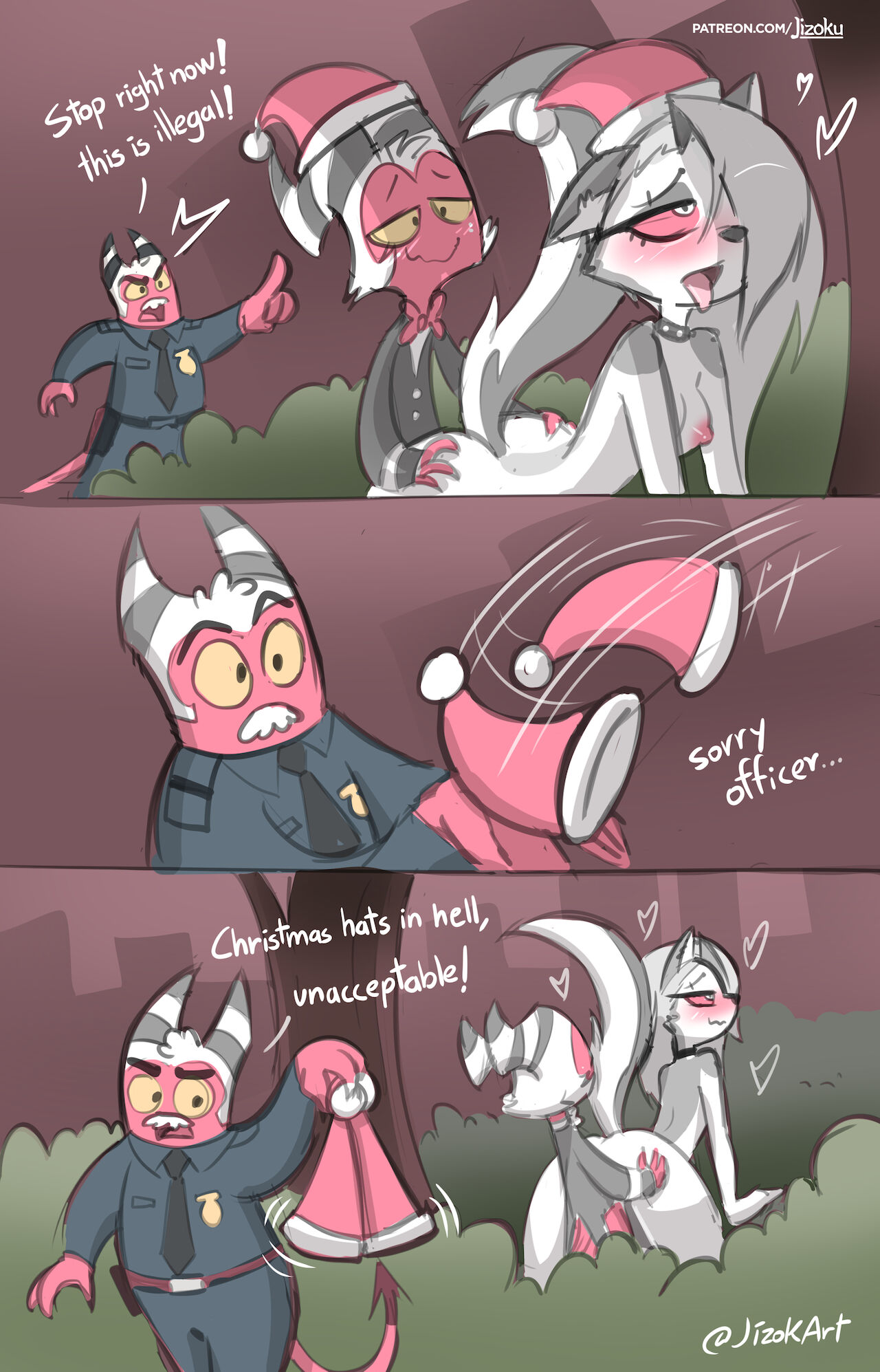 1girls, 2boys, cheating, demon, doggy style, female, furry, helluva boss, jizoku, loona (helluva boss), male, moxxie (helluva boss), outdoors, police, small dom big sub