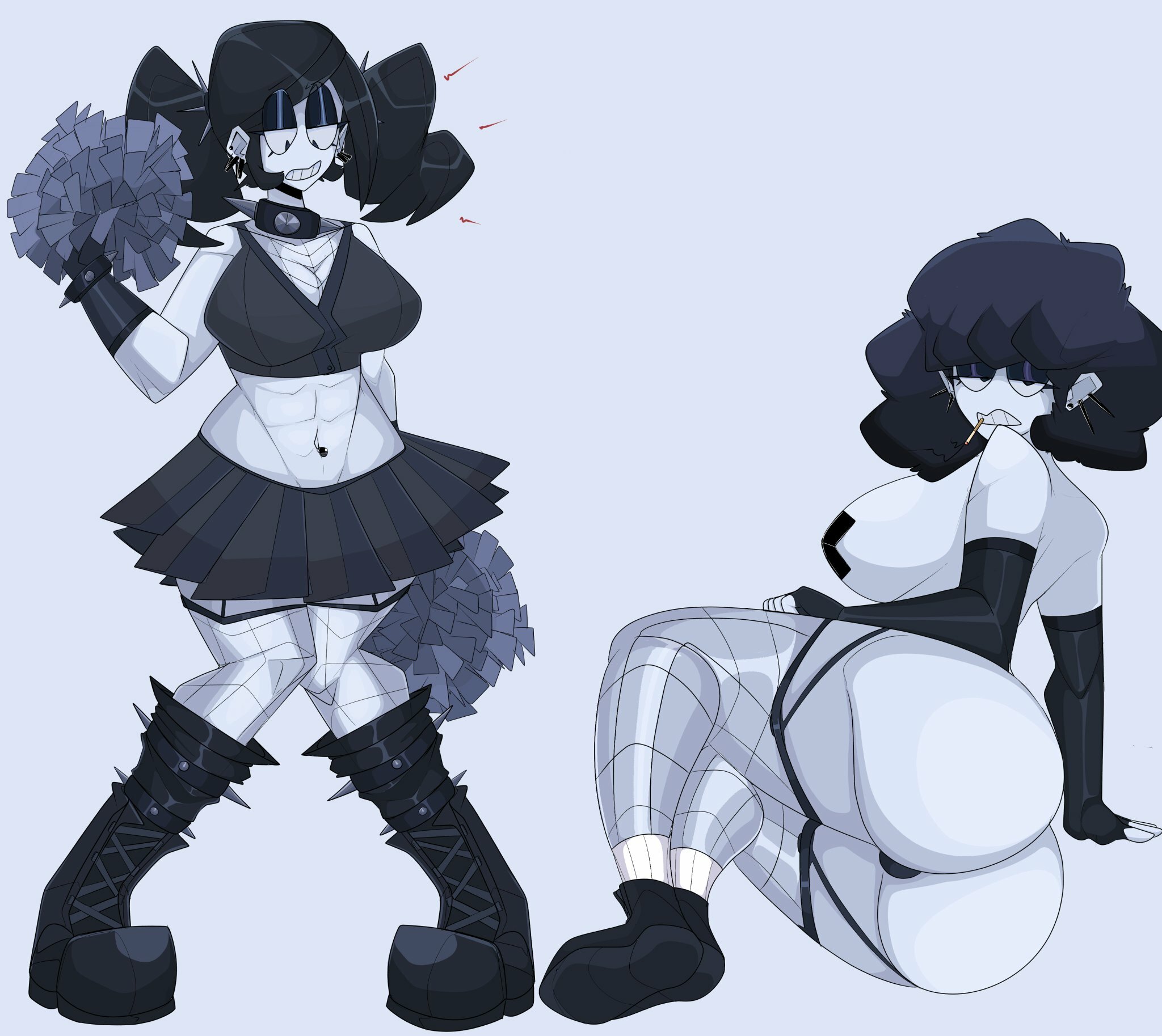 1girls, ass, big ass, big breasts, black hair, boots, breasts, cheerleader, cheerleader uniform, cigarette, clothing, ear piercing, female, female only, fishnet legwear, fishnets, garter straps, goth, looking at viewer, looking back, looking down, lying, lying on side, pasties, piercing, platform boots, pom poms, saltynoodles, shoes, solo, spiked collar, stockings, thick thighs, veronica (saltynoodles), white skin, wide hips
