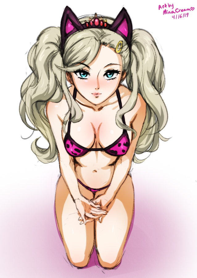 1girls, ann takamaki, bikini, blonde female, blonde hair, blue eyes, breasts, cat ears, cognitive ann, cosplay, female, hairclip, kneeling, large breasts, leopard print, leopard print bikini, minacream, persona, persona 5, twintails