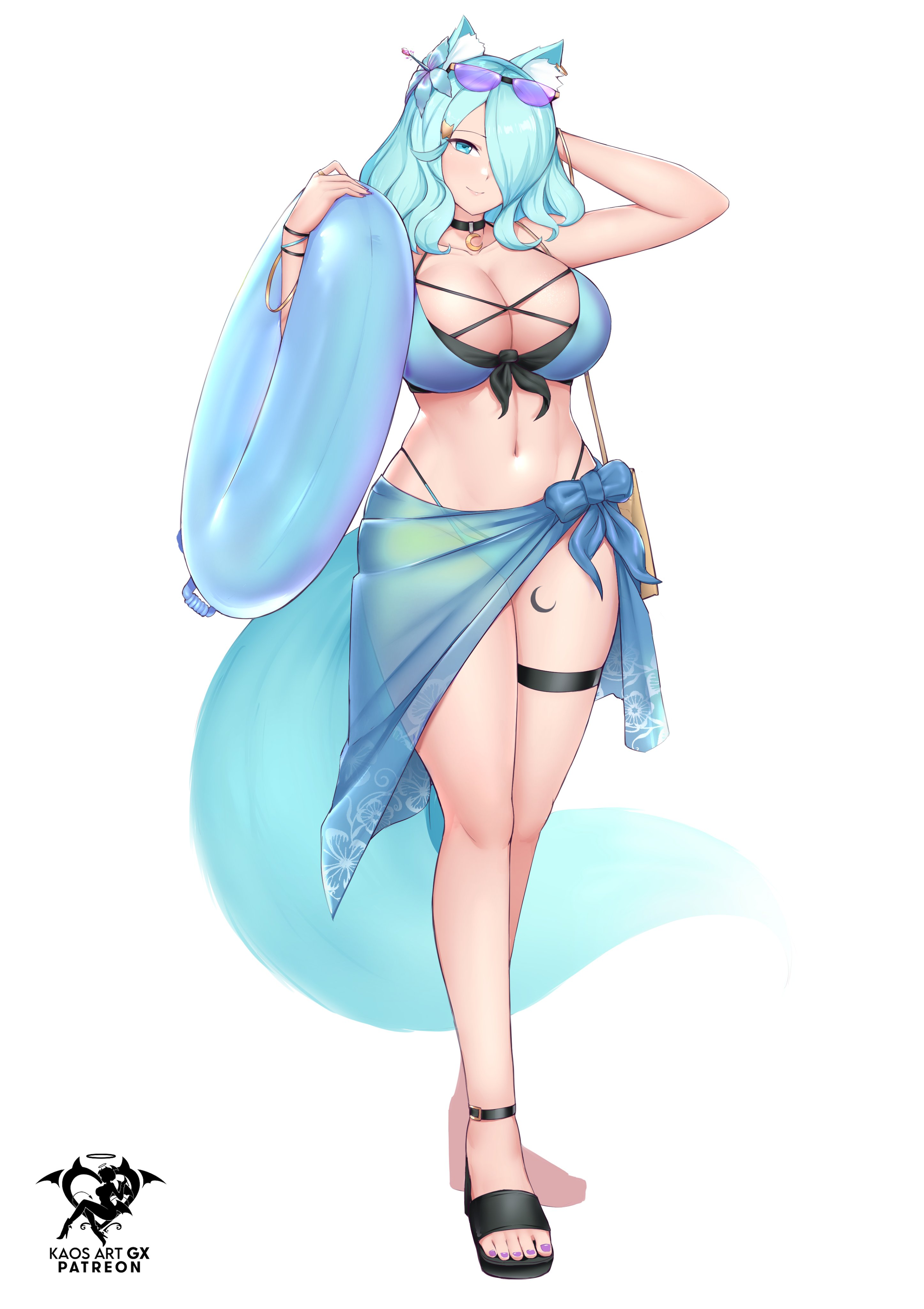 1girls, big breasts, bikini, blue eyes, blue hair, breasts, choker, cleavage, female, female only, fox ears, fox tail, hinari (kaos art), kaos art, light skin, light-skinned female, looking at viewer, original, original character, sandals, simple background, smiling, solo, solo female, sunglasses, sunglasses on head, wide hips