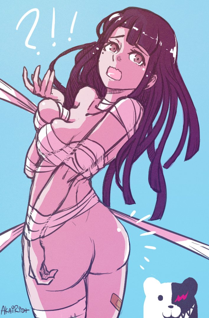 akairiot, alternate version available, ass, breasts, danganronpa, danganronpa 2: goodbye despair, embarrassed, exposed ass, female, monokuma, straight hair, tied up, tsumiki mikan, underwear