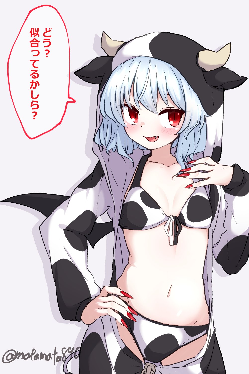 belly bikini cow_print fang japanese_text kameyan posing remilia_scarlet small_breasts tagme text touhou translated