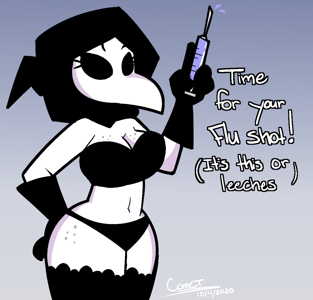 1girls 2d artist_signature big_breasts breasts comet_cartoons dialogue female female_focus female_only hand_on_hip harry_amorós highres holding_object holding_syringe hood ingrid_the_plague_doctor mask partially_clothed plague_doctor solo solo_female speaking tagme talking text thick_thighs thighs white_skin wide_hips