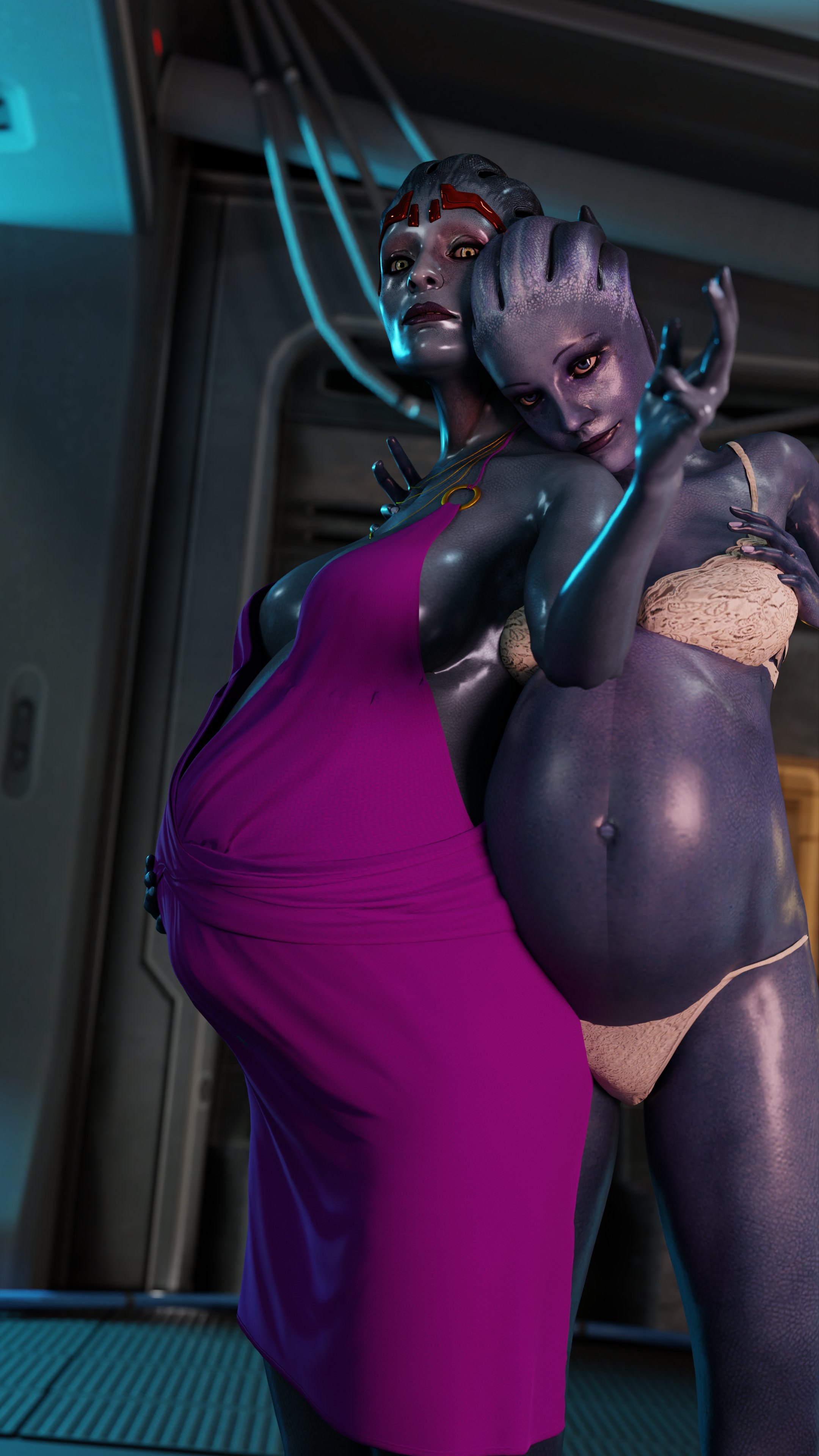 2girls, 3d, alien, asari, belly, big belly, blue skin, bra, breasts, clubzenny, female, hand on belly, liara t'soni, mass effect, panties, pregnant, samara