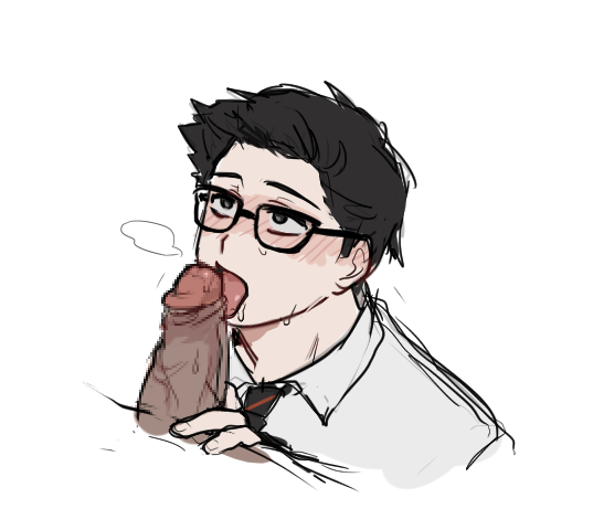 black_hair blowjob blush blushing dead_by_daylight dwight_fairfield evan_macmillan glasses licking_penis male_only shirt simple_background sweat the_trapper tie tongue trapper_(dead_by_daylight) white_background yaoi