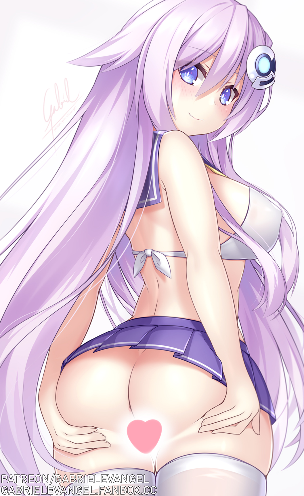 anus ass ass_grab bangs blue_eyes blush butt_crack crop_top eyebrows_visible_through_hair female from_behind from_below gabriel_evangel hair_between_eyes hair_ornament highres long_hair looking_at_viewer looking_back looking_back_at_viewer microskirt nepgear neptunia_(series) pink_hair purple_sister sailor_collar school_uniform serafuku simple_background skindentation skirt smile solo standing symbol-shaped_pupils thighhighs white_background white_legwear