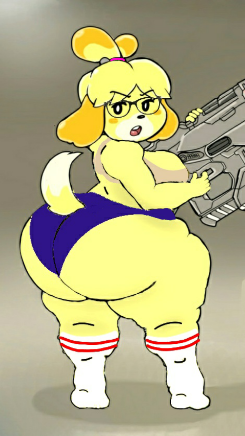 2022 animal_crossing anthro ass big_ass big_butt breasts bubble_butt burland23 cake canine drip feet female huge_ass huge_butt isabelle_(animal_crossing) looking_at_viewer looking_back nintendo open_mouth quirky socks thick thick_ass thick_thighs thighs yellow_skin