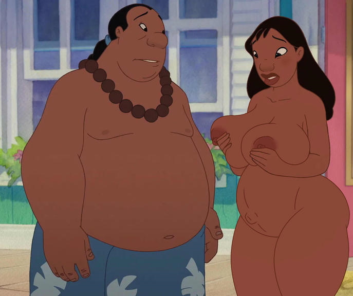 belly big_belly big_breasts breasts casual chrisbryer dark-skinned_female dark_skin edit fat fat_man female female_focus holding_breasts human lilo_and_stitch male nani_pelekai neckwear nipples obese obese_male overweight overweight_male pregnant public screenshot_edit