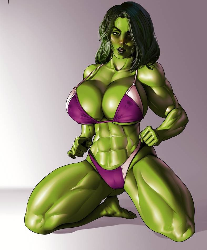 1girls, abs, big breasts, bikini, breasts, clothed, female, female only, giant breasts, green body, green eyes, green hair, green skin, huge breasts, hulk (series), marvel, marvel comics, muscles, muscular, muscular female, muscular thighs, nipple bulge, on knees, pokies, she-hulk, simple background, solo, thick thighs, thunder thighs, unknown artist