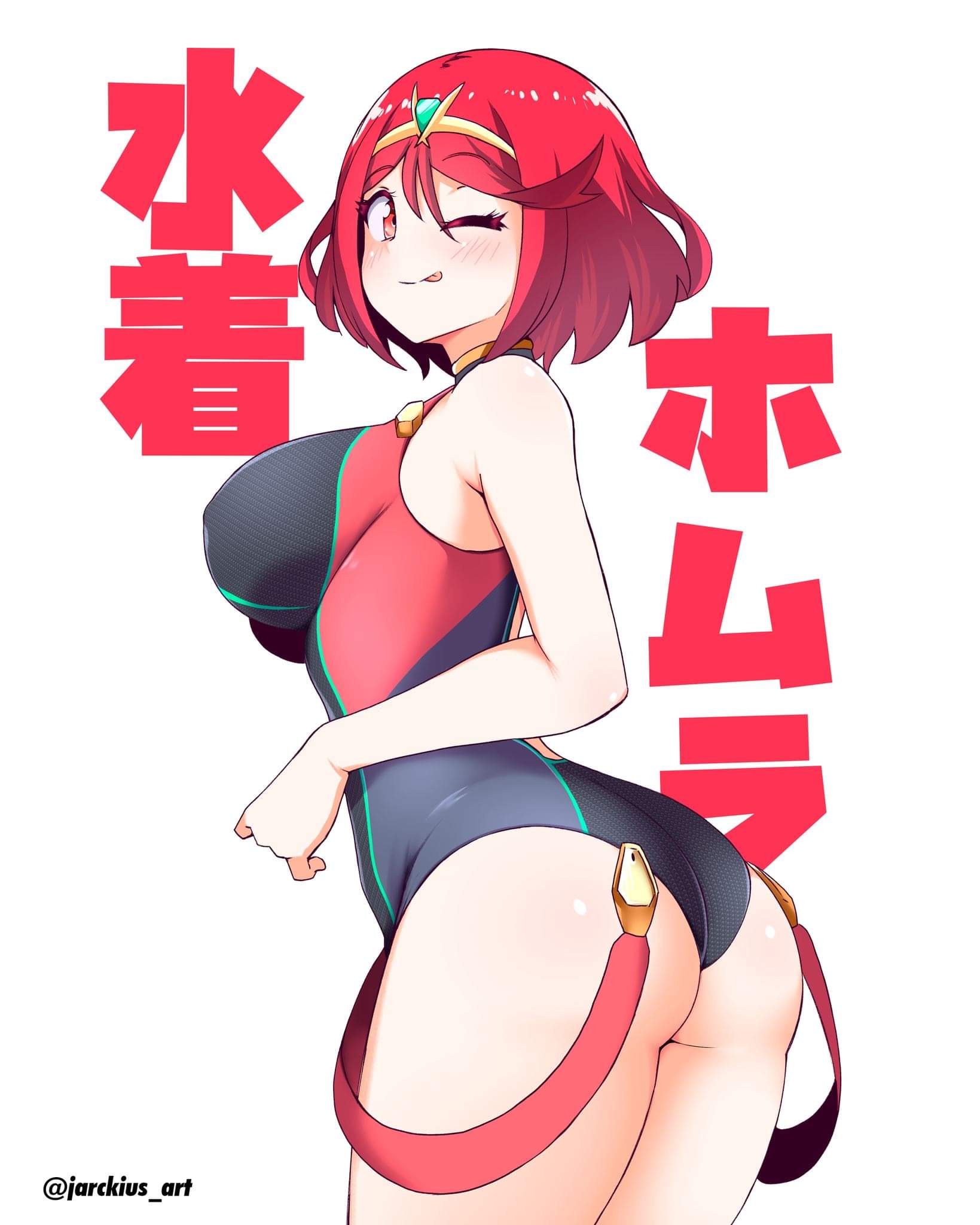 1girls, ass, back view, big breasts, blush, blushing, breasts, female, hi res, jarckius, looking at viewer, nintendo, one-piece swimsuit, pyra, red eyes, red hair, short hair, skin tight, solo, swimsuit, tiara, wink, xenoblade (series), xenoblade chronicles 2
