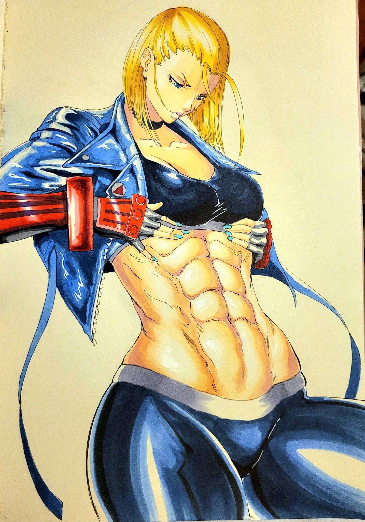 1girls, abs, blonde hair, blue eyes, breasts, cammy white, cammy white (street fighter 6), choker, clothing, female, female only, fully clothed, gloves, handdrawn, hands on breasts, jacket, looking down, muscular, muscular female, octavius dp, pants, solo, sports bra, street fighter, street fighter 6, tagme, thick thighs