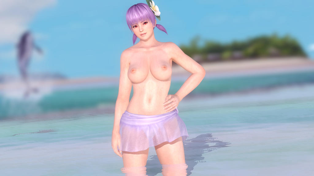 1girls 3d ayane_(doa) beach big_breasts breasts dead_or_alive female female_only hourglass_figure human large_breasts light-skinned_female light_skin longpole looking_at_viewer nude_female purple_hair red_eyes short_hair solo