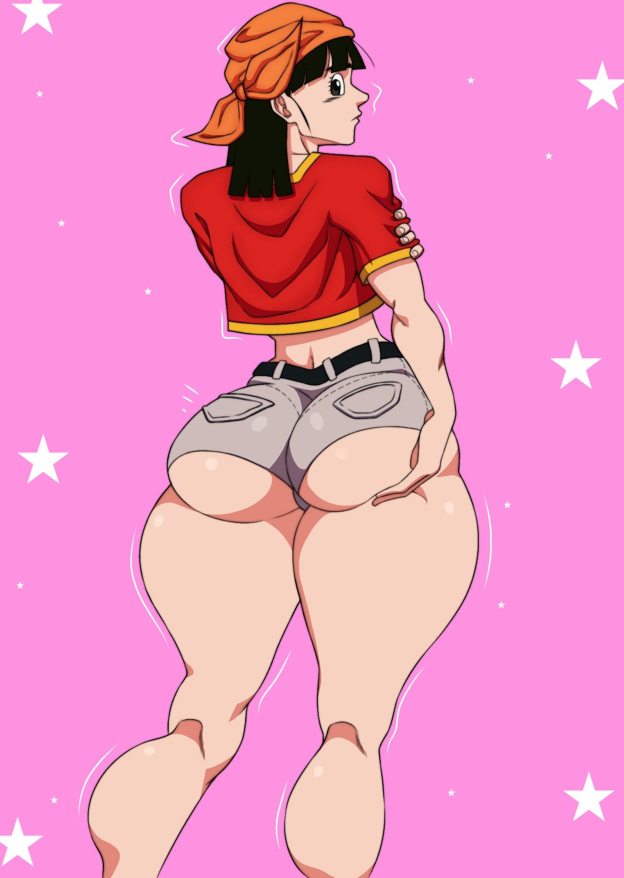 1girls aged_up ass ass_focus back_view bandana big_ass booty_shorts bubble_ass bubble_butt dat_ass dragon_ball dragon_ball_gt favorite hand_on_ass hashimiro_takahi looking_back pan_(dragon_ball) short_shorts shounen_jump