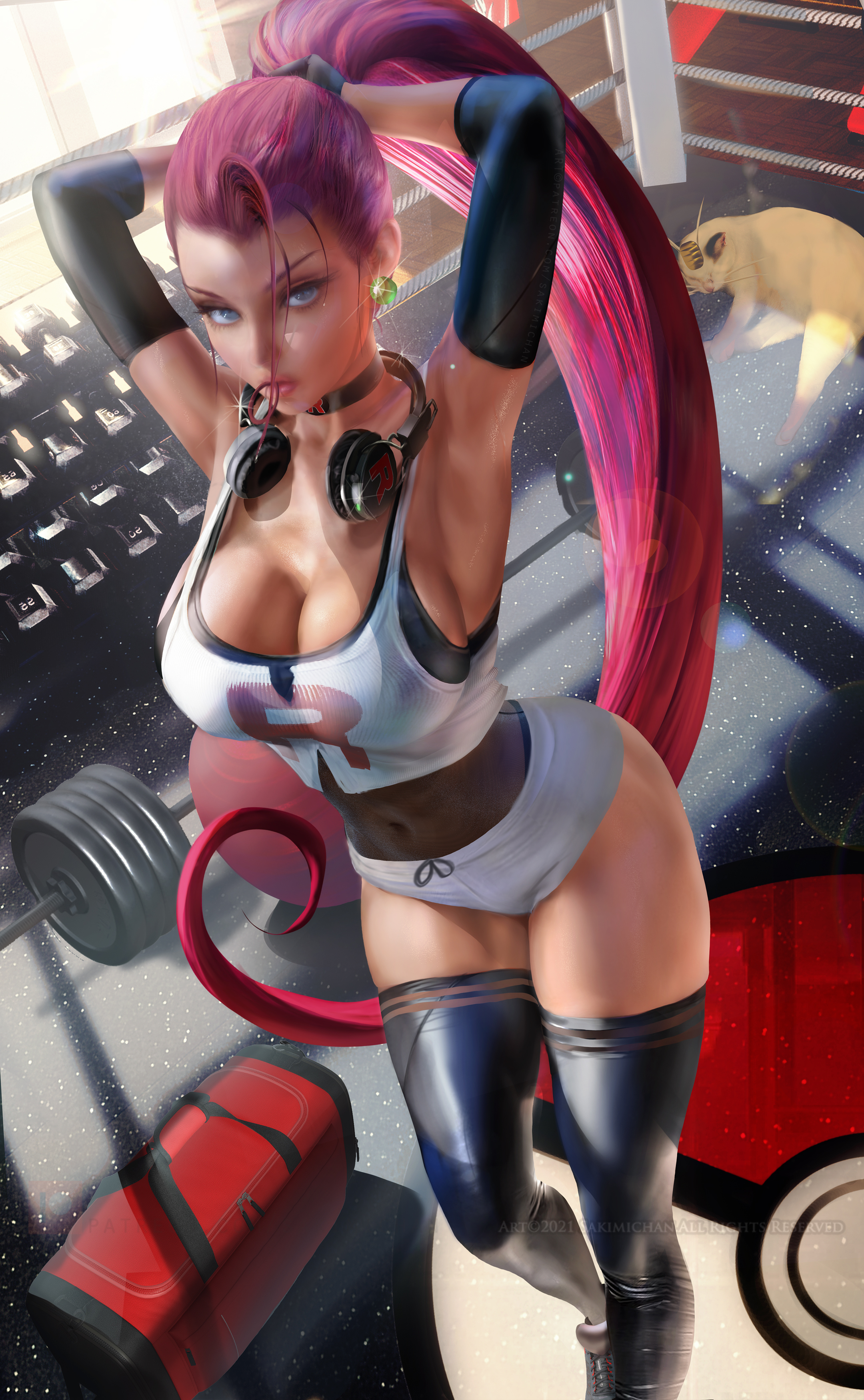 1girls, 2022, absurd res, alternate breast size, armpits, arms above head, arms up, blue eyes, breasts, cleavage, female, female only, hips, huge breasts, jessie (pokemon), long hair, long ponytail, pokemon, pokemon (anime), ponytail, red hair, sakimichan, slim waist, team rocket, thick lips, thick thighs, thighs, wide hips, workout clothes