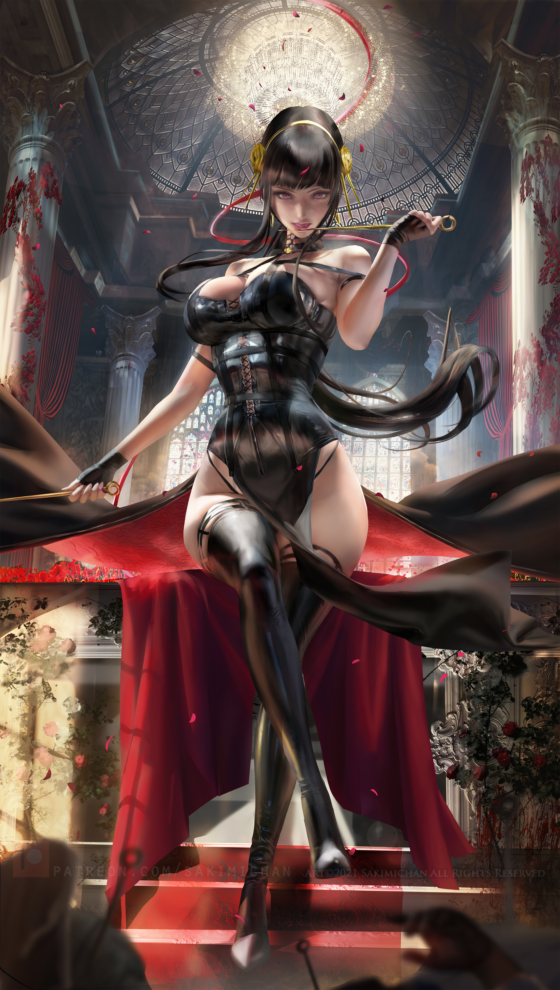 assassin, big breasts, breasts, female, outfit, sakimichan, spy x family, stiletto (weapon), thighs, thorn princess, yor briar