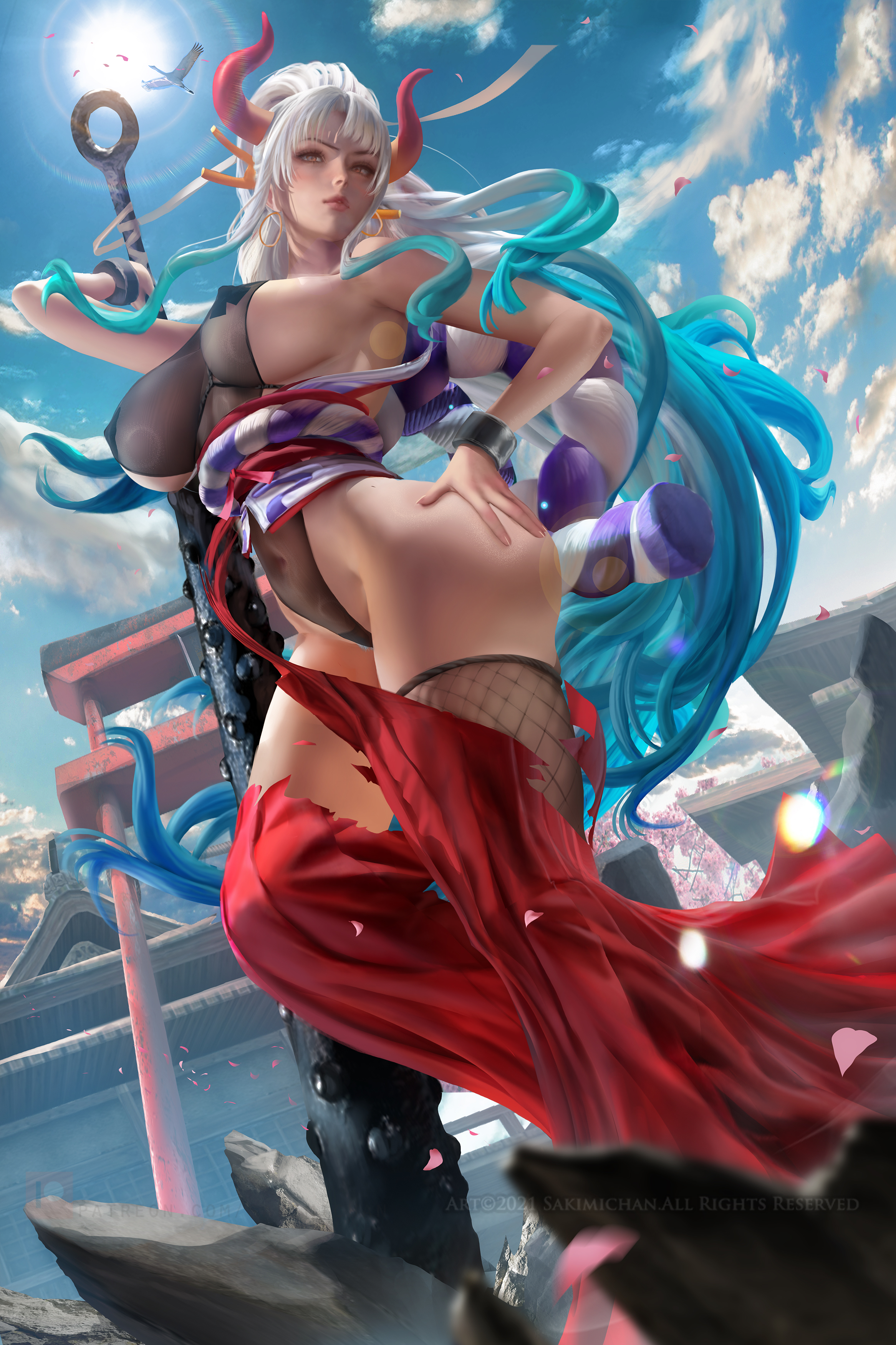 1girls, big breasts, blue hair, breasts, brown eyes, cleavage, clothed, clothing, curvy, ear piercing, earrings, female, female only, gradient hair, hakama, hand on hip, hi res, highres, hoop earrings, horned humanoid, horns, humanoid, japanese clothes, kanabou, light skin, light-skinned female, long hair, multicolored hair, nipple pasties, one piece, oni, oni female, oni horns, revealing clothes, sakimichan, sideboob, simple background, solo, thick thighs, two-tone hair, white hair, white-haired female, wide hips, yamato (one piece)