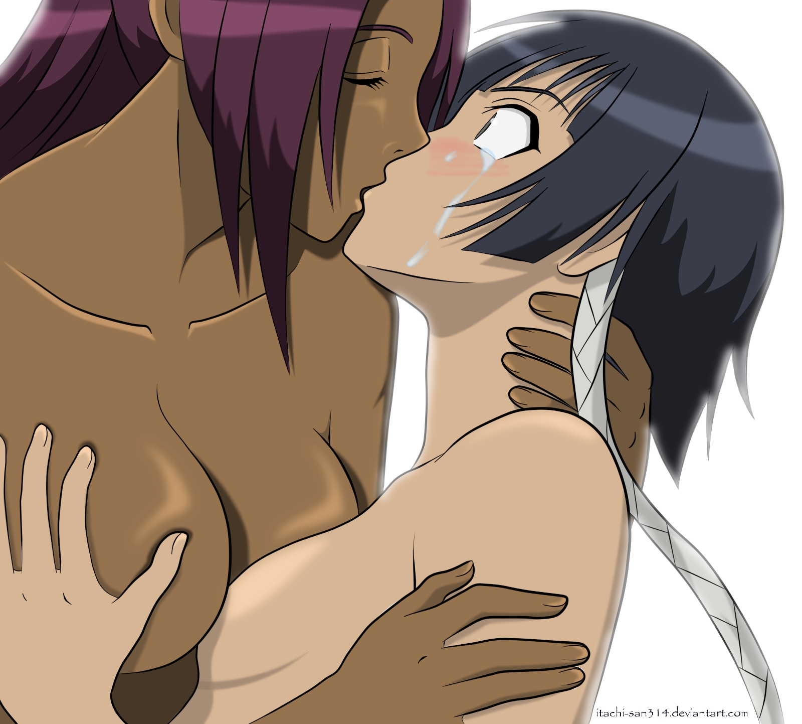 2girls, asymmetrical docking, black hair, bleach, blush, breast press, breasts, closed eyes, couple, dark skin, dark-skinned female, duo, female, female only, female/female, hugging, interracial, interracial yuri, itachi-san314, kissing, large breasts, looking at another, love, multiple females, multiple girls, mutual yuri, neck, nude, nude female, purple hair, shihouin yoruichi, simple background, small breasts, soifon, sui-feng, surprised, teacher and student, tears, upper body, white background, yuri