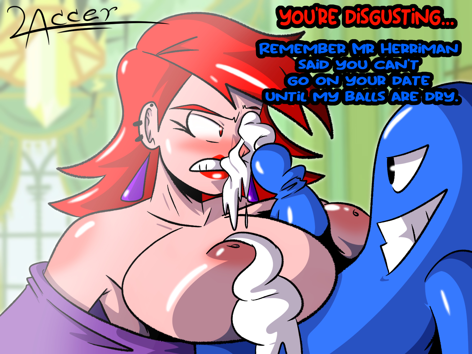 after paizuri, angry, angry sex, artlaccer (artist), big breasts, big penis, bloo, blue penis, blue skin, breasts, covered in cum, cum, cum on breasts, cum on face, detailed background, dialogue, english text, excessive cum, female, flippant male, forced, foster's home for imaginary friends, frankie foster, huge cock, inverted nipples, lipstick, male, penis, piercing, red eyes, red hair, text