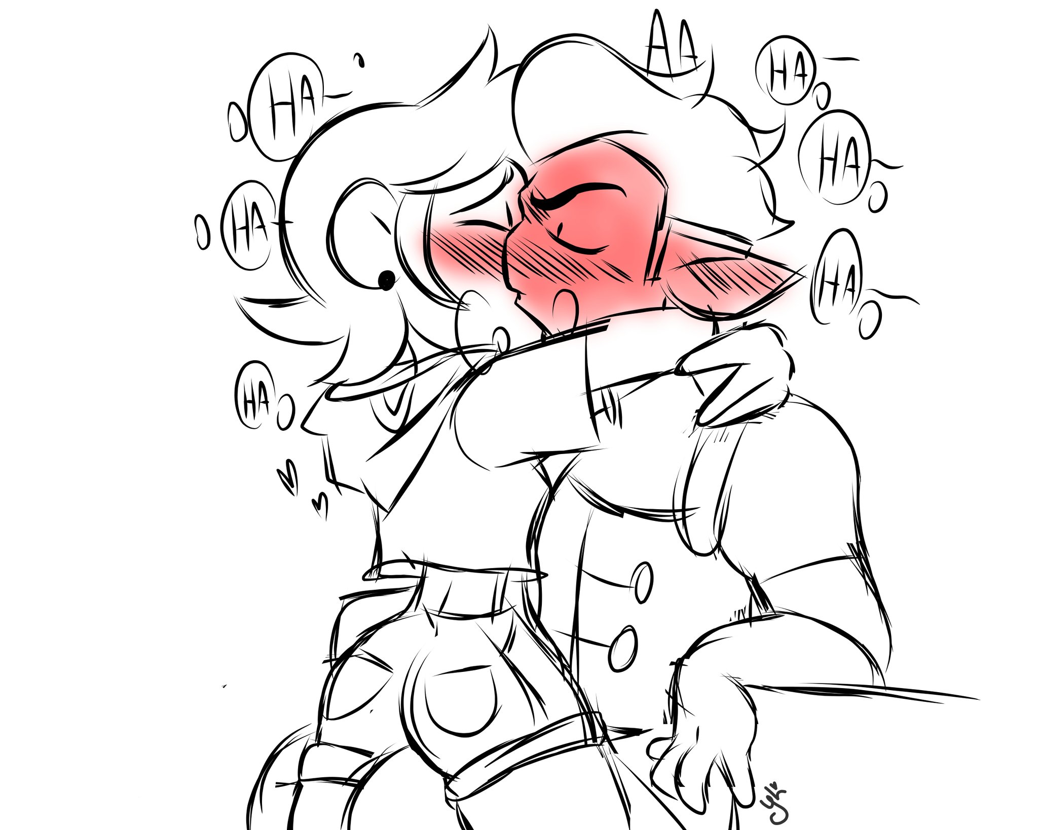 1boy, 1girls, 2021, blush, closed eyes, cuddling, dinjj, disney, disney channel, disney xd, duo, earrings, female, fully clothed, gloves, hunter (the owl house), kissing, luz noceda, male, moaning, monochrome, parody, passionate, pleasured, rough sketch, short hair, signature, sitting on lap, sketch, smooth skin, straight, stuttering, the owl house, white background