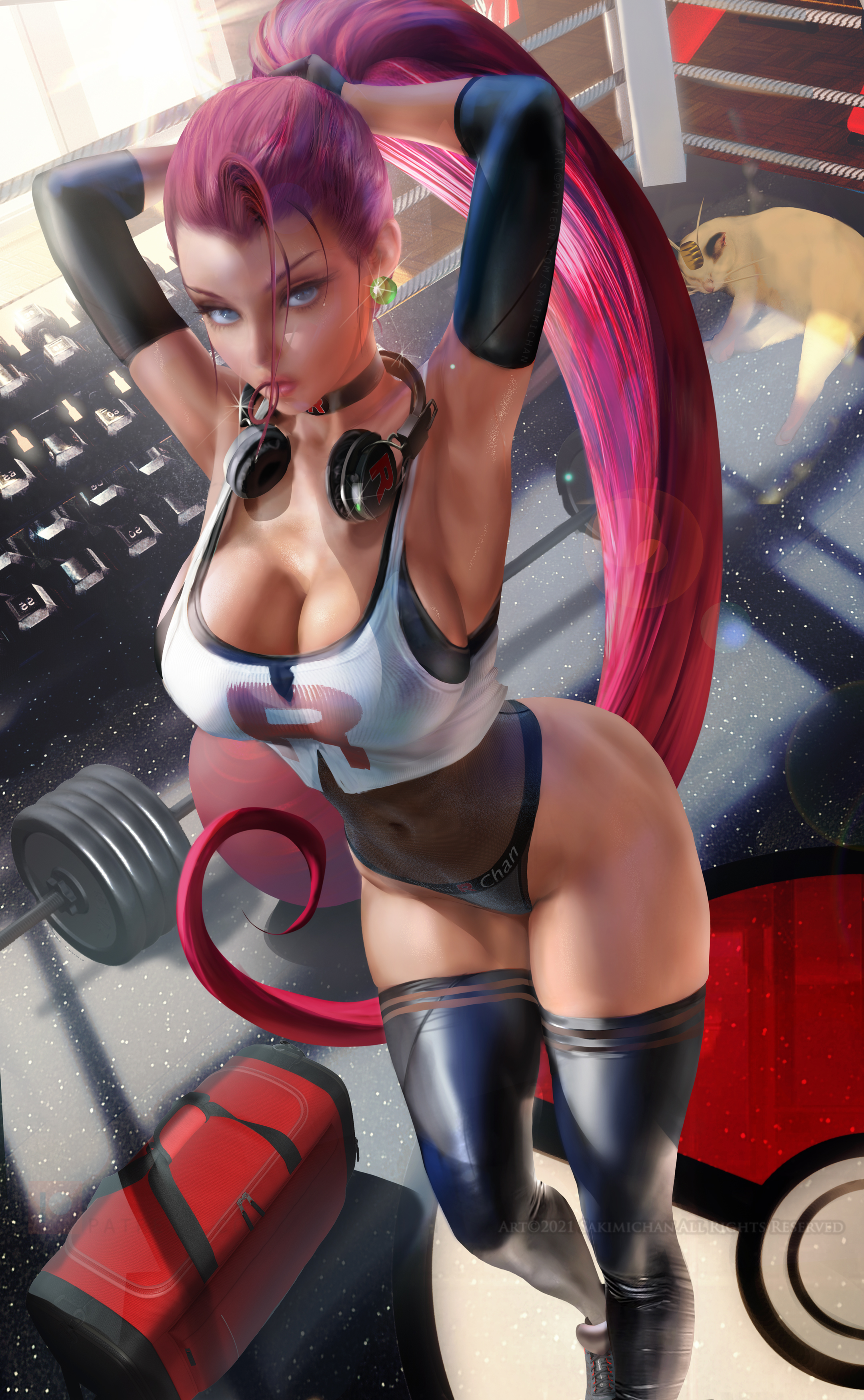 1girls, 2022, absurd res, alternate breast size, armpits, arms above head, arms up, blue eyes, breasts, female, female only, hips, huge breasts, jessie (pokemon), long hair, long ponytail, pokemon, pokemon (anime), ponytail, red hair, sakimichan, slim waist, team rocket, thick lips, thick thighs, thighs, wide hips