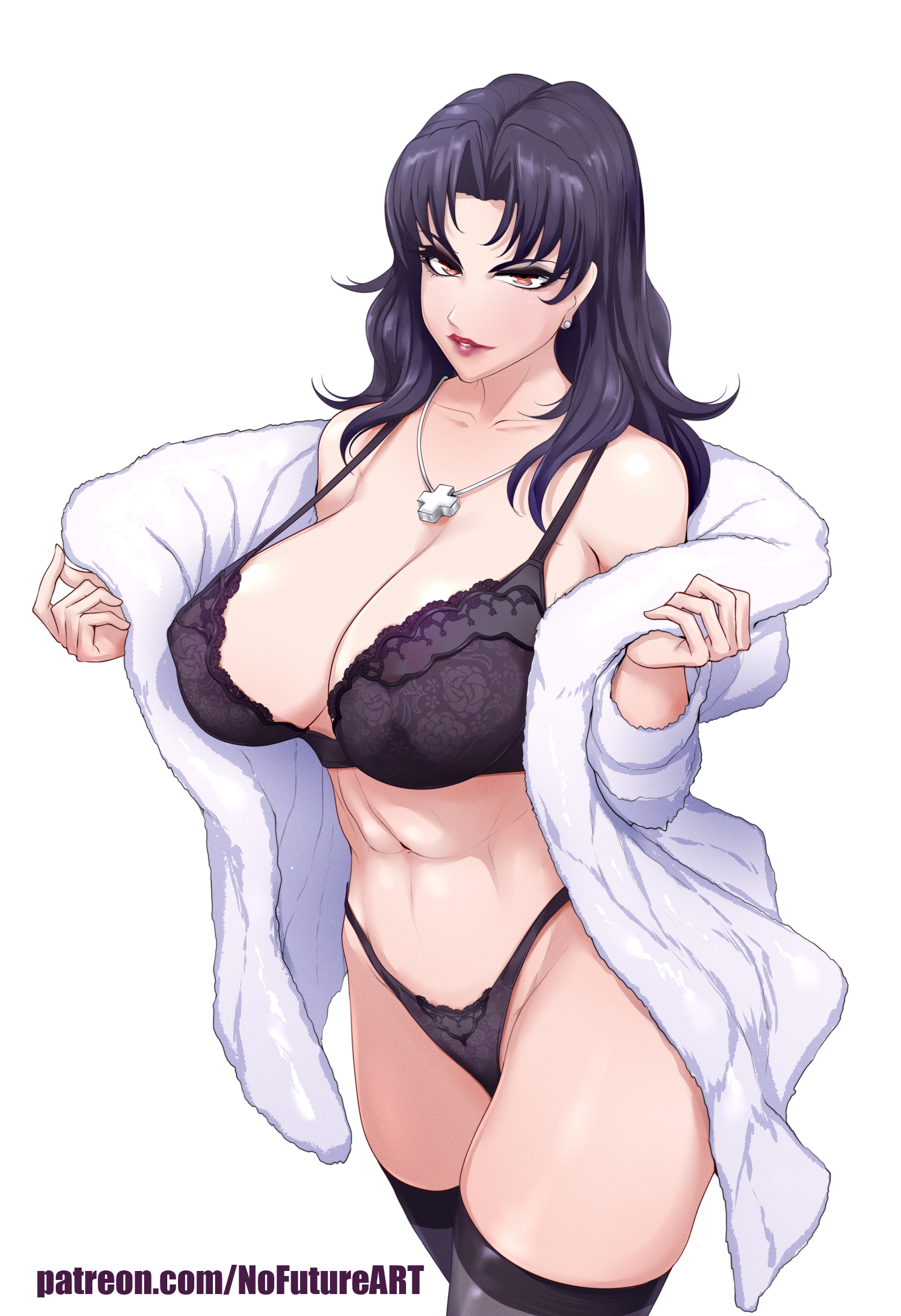 1girls, big breasts, black lingerie, black stockings, bottomwear, bra, breasts, brown eyes, cleavage, clothing, coat, ear piercing, earrings, female, female only, hair, huge breasts, lace, lace-trimmed bra, lace-trimmed panties, legwear, lingerie, lips, lipstick, long hair, mature, mature female, milf, misato katsuragi, necklace, neckwear, neon genesis evangelion, nofuture, purple hair, solo, solo female, stockings, thick thighs, thighhighs, thighs, thong, topwear