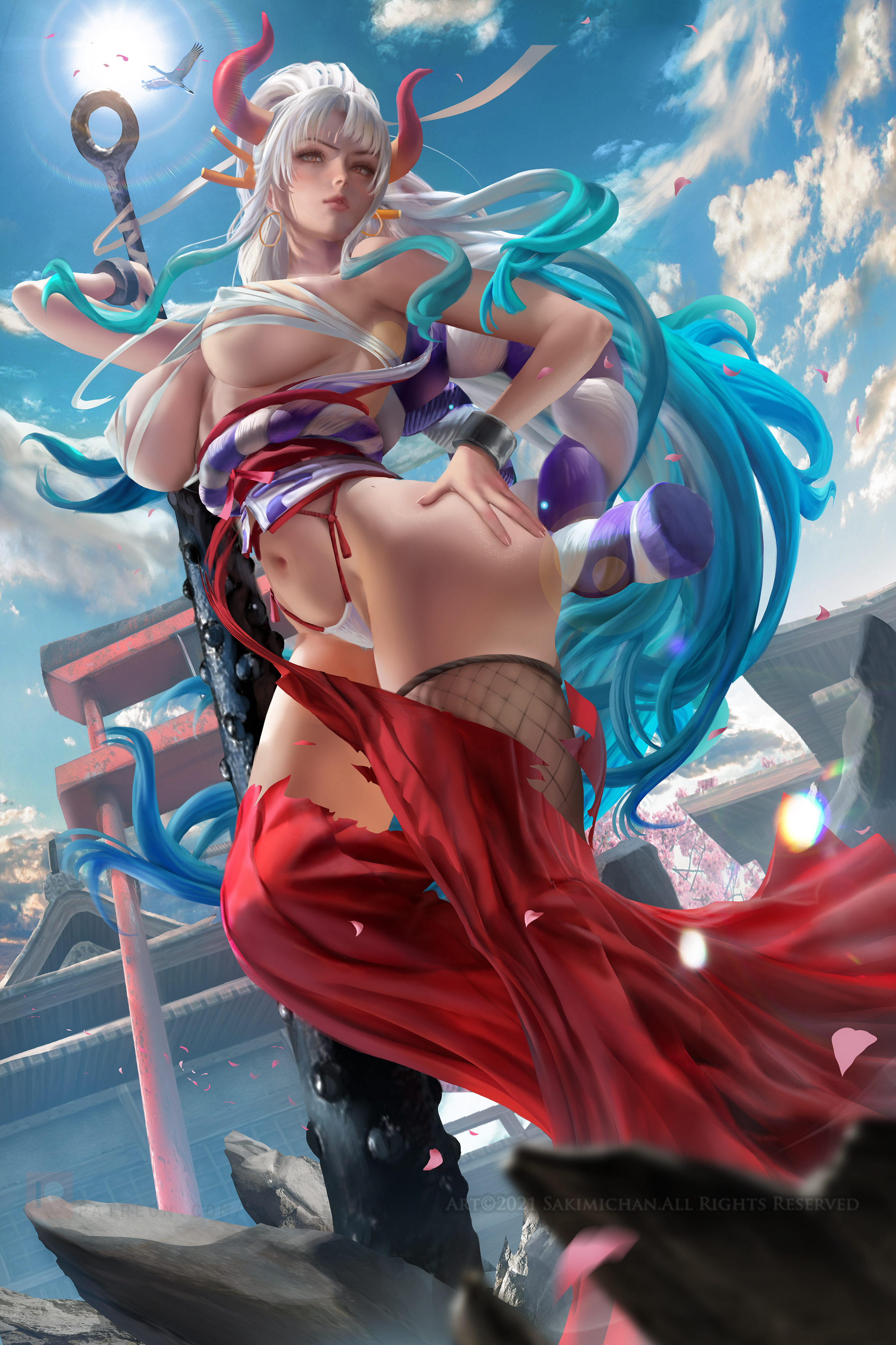 1girls, big breasts, blue hair, breasts, brown eyes, clothed, clothing, curvy, ear piercing, earrings, female, female only, gradient hair, hakama, hand on hip, hi res, highres, hoop earrings, horned humanoid, horns, humanoid, japanese clothes, kanabou, light skin, light-skinned female, long hair, multicolored hair, one piece, oni, oni female, oni horns, revealing clothes, sakimichan, simple background, solo, thick thighs, thighhighs, two-tone hair, white hair, white-haired female, wide hips, yamato (one piece)