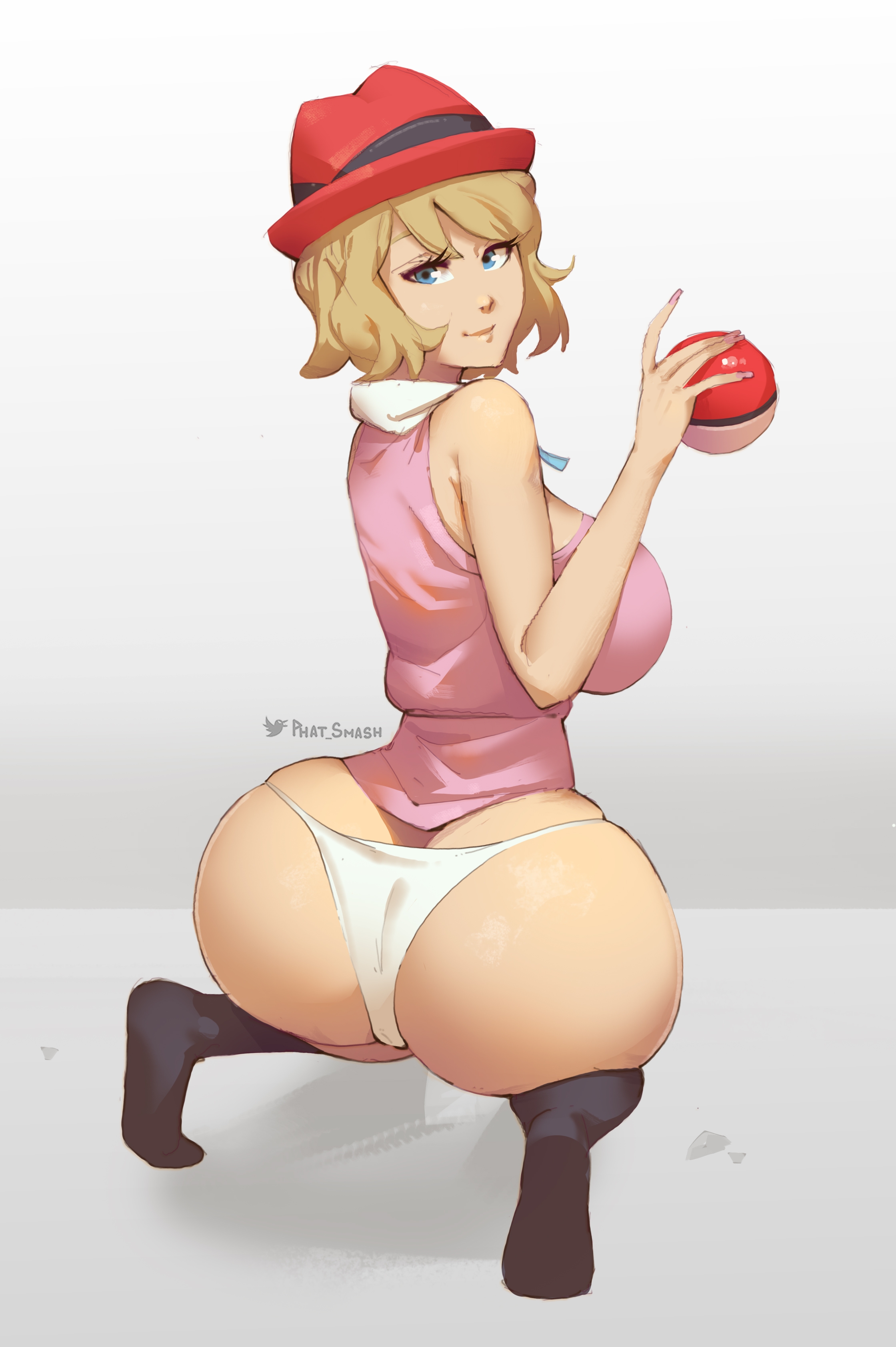 1girls, 2022, absurd res, alternate breast size, artist signature, ass, ass cleavage, ass crack, ass focus, ass shot, back, back view, blonde hair, blue eyes, breasts, bubble ass, bubble butt, butt crack, clothed, clothed female, female, female only, hat, huge ass, huge breasts, kneeling, nintendo, panties, phat smash, pokemon, pokemon xy, serena (pokemon), short hair, sideboob, simple background