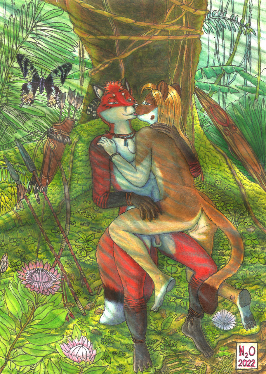 aleutia anthro arthropod butterfly canid canine duo female fox hi_res insects jungle kalahari_(character) lepidopteran male male/female mammal melee_weapon mustela mustelid musteline n2o nude polearm romantic romantic_couple shield spear tribal true_musteline weapon